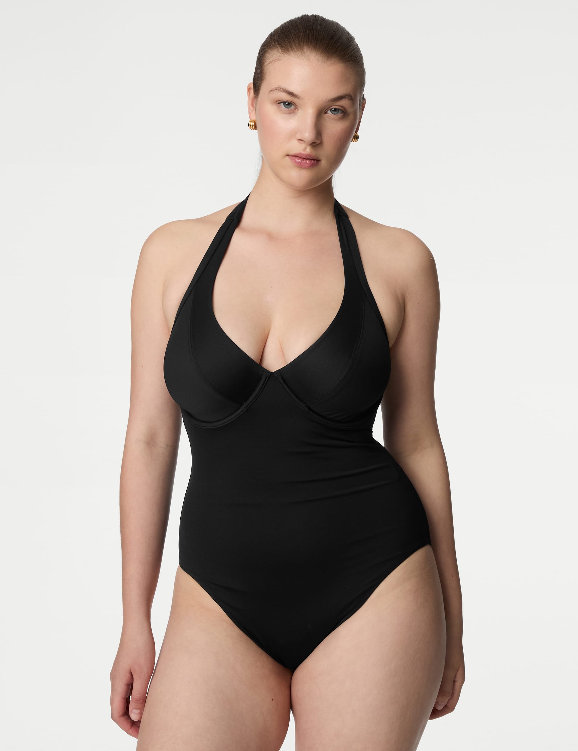 M&S Collection Women's Tummy Control Wired Halterneck Swimsuit D-GG - 34D - Black, Black