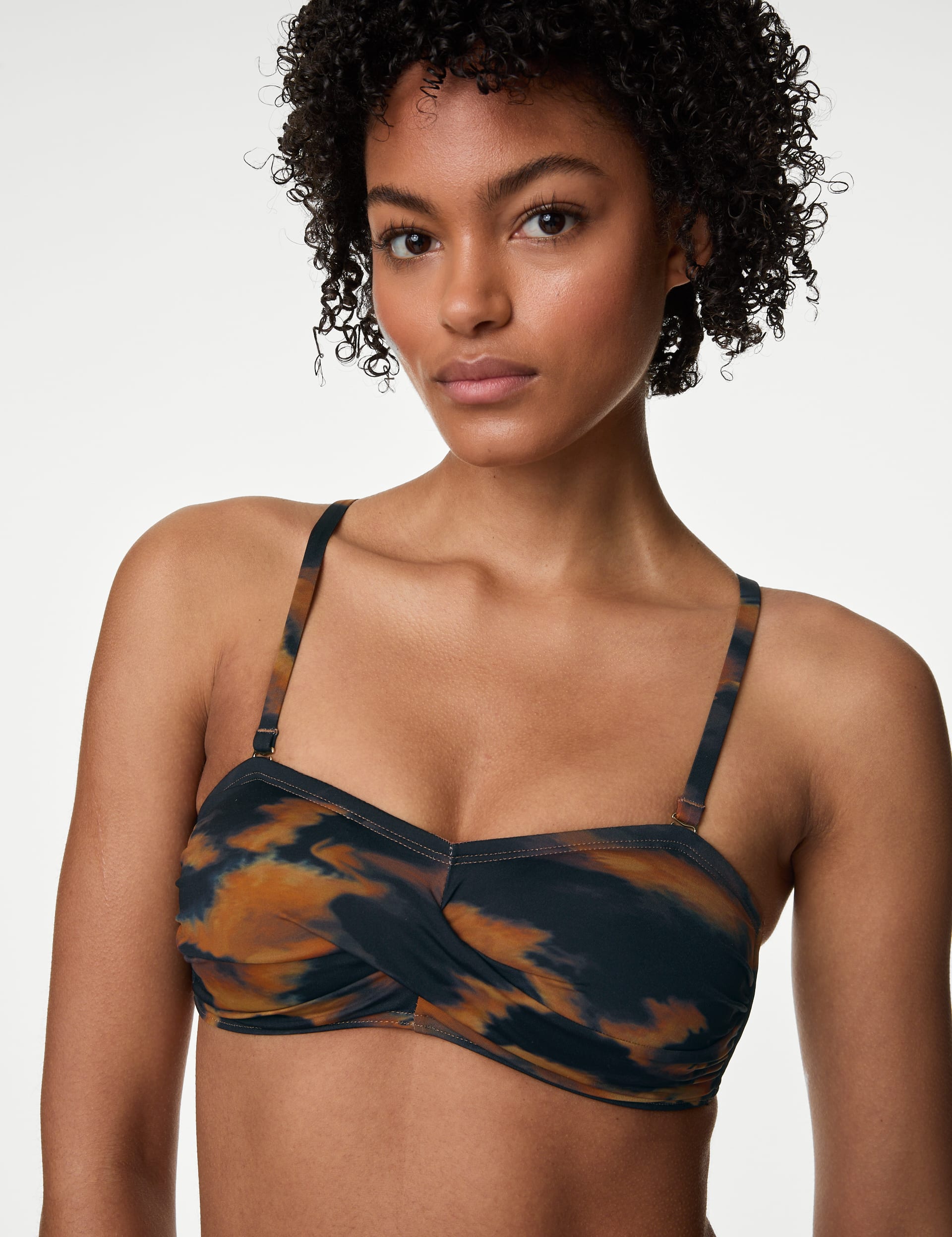 M&S Collection Women's Printed Padded Bandeau Bikini Top - 12 - Dark Brown Mix, Dark Brown Mix