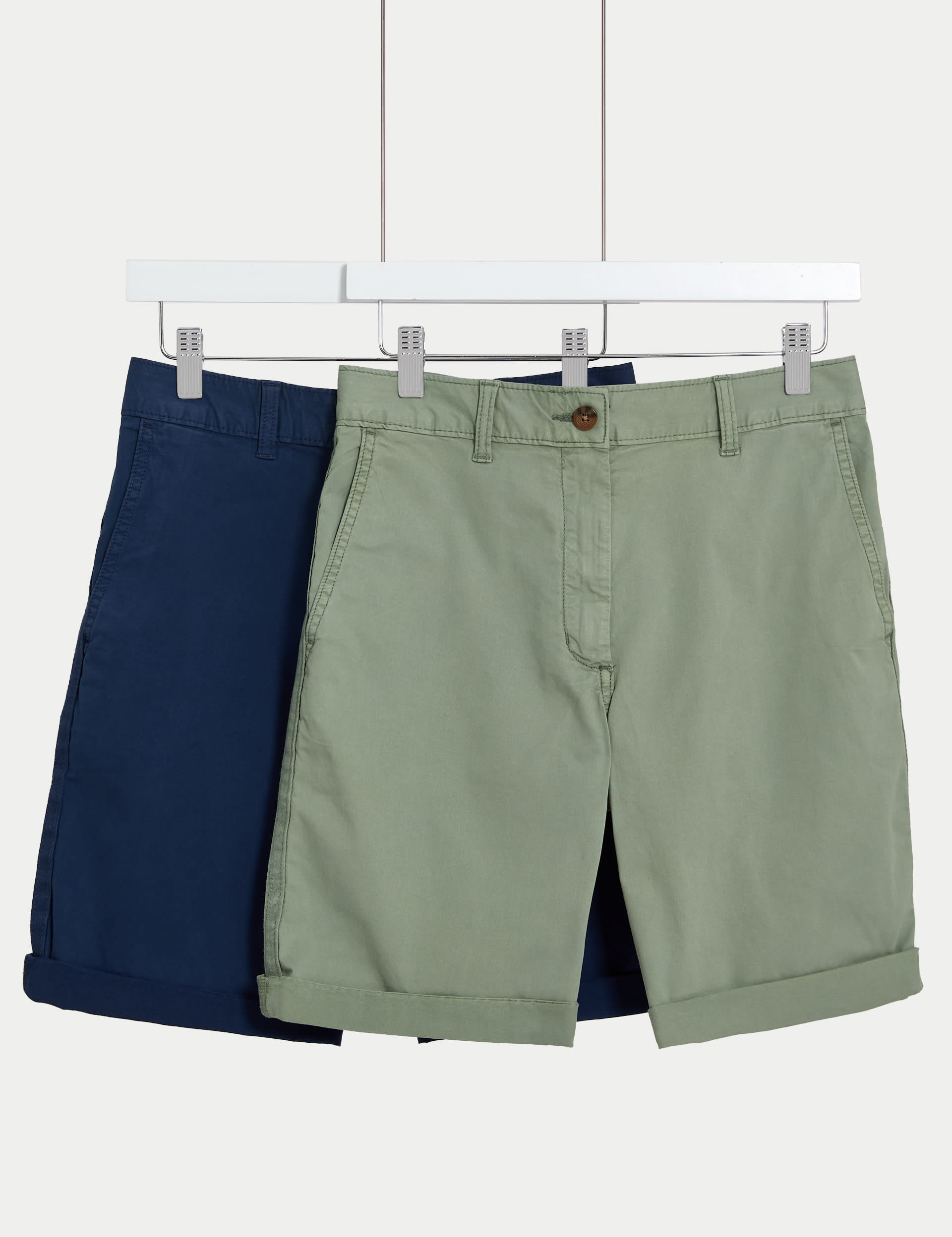 M&S Collection Women's 2 Pack Cotton Rich Tea Dyed Chino Shorts - 14 - Khaki Mix, Navy Mix,Khaki Mix