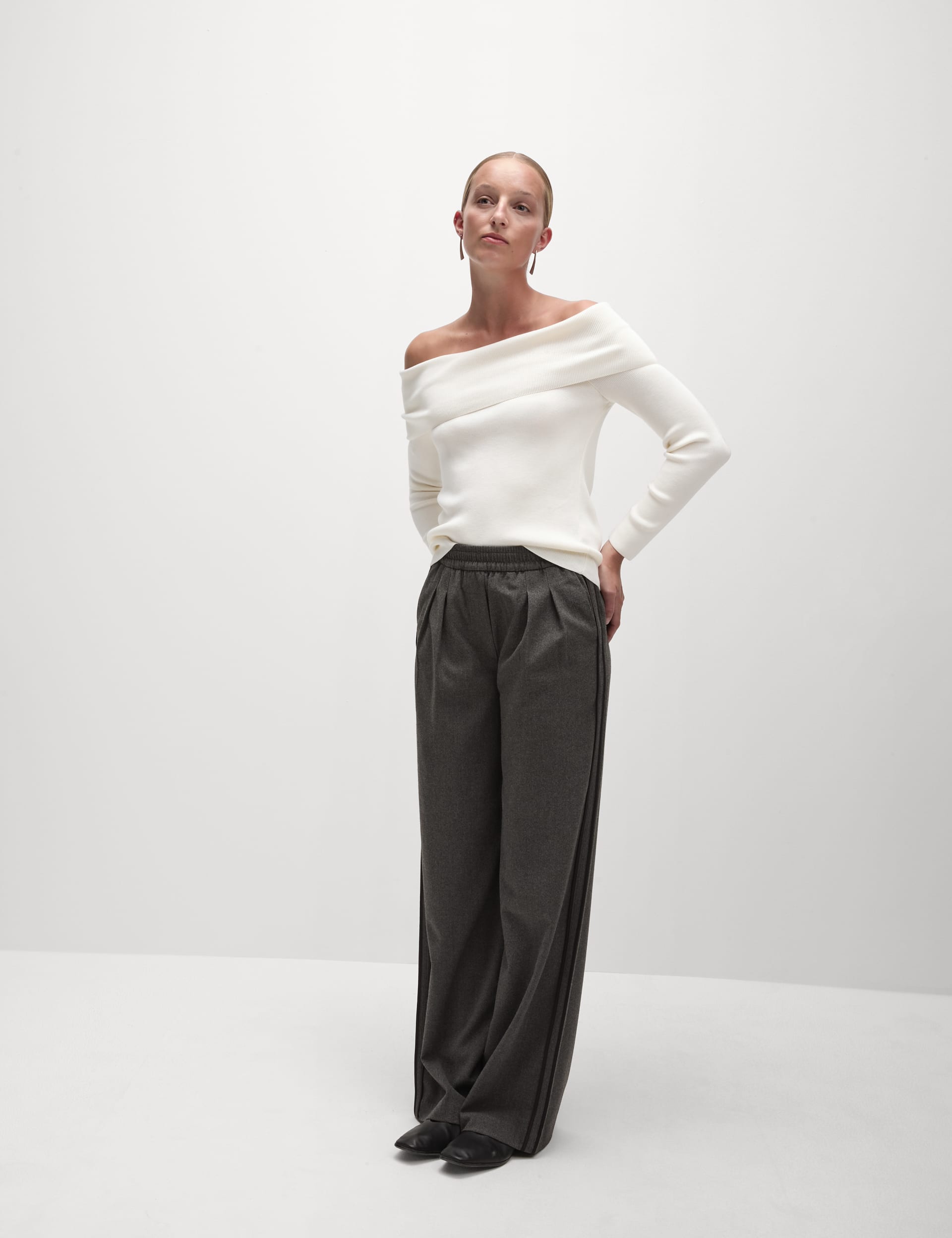 M&S Collection Women's Side Stripe Pull On Wide Leg Trousers - 16REG - Mid Grey Marl, Mid Grey Marl