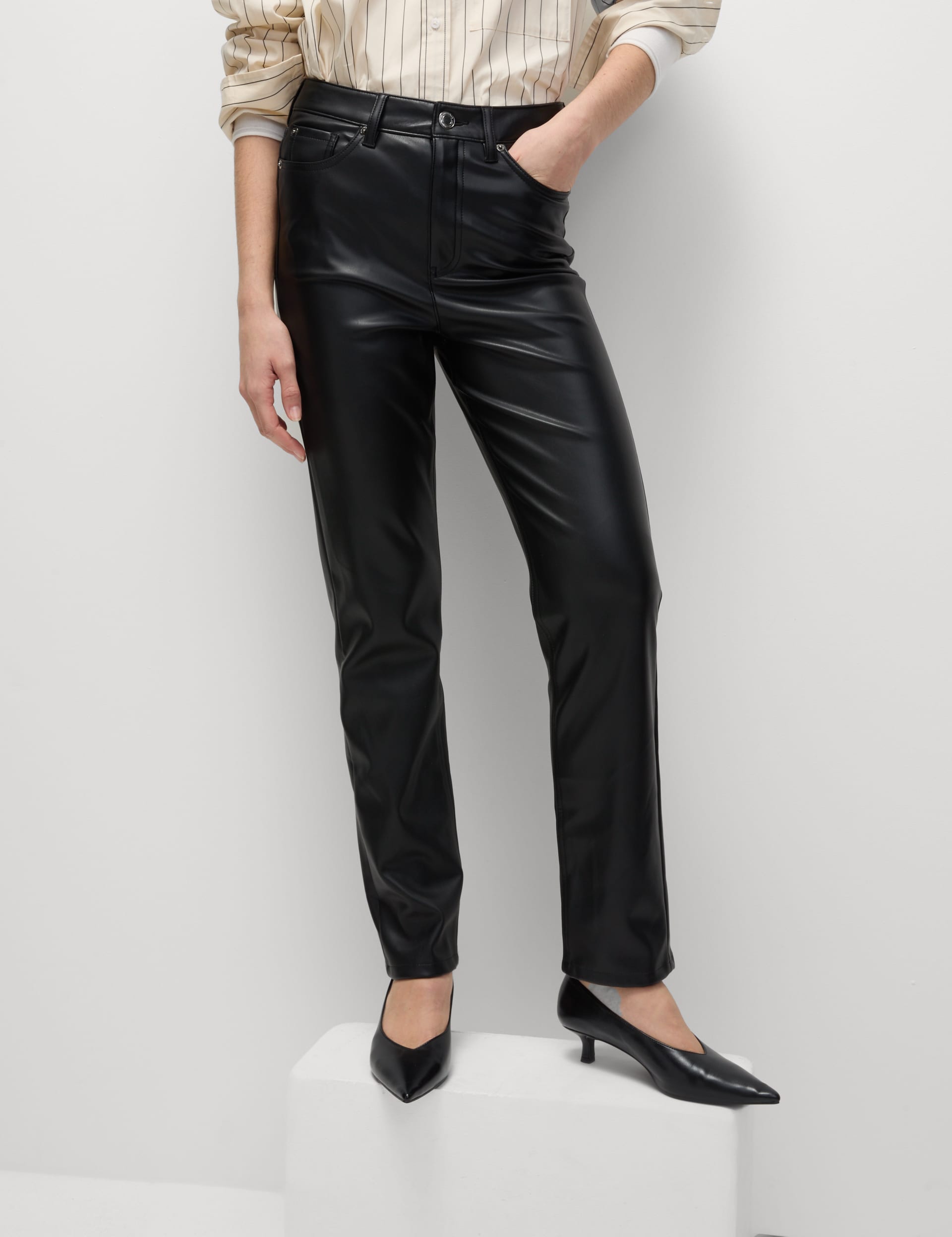 M&S Collection Women's Faux Leather Straight Leg Trousers - 18SHT - Black, Black,Dark Chocolate