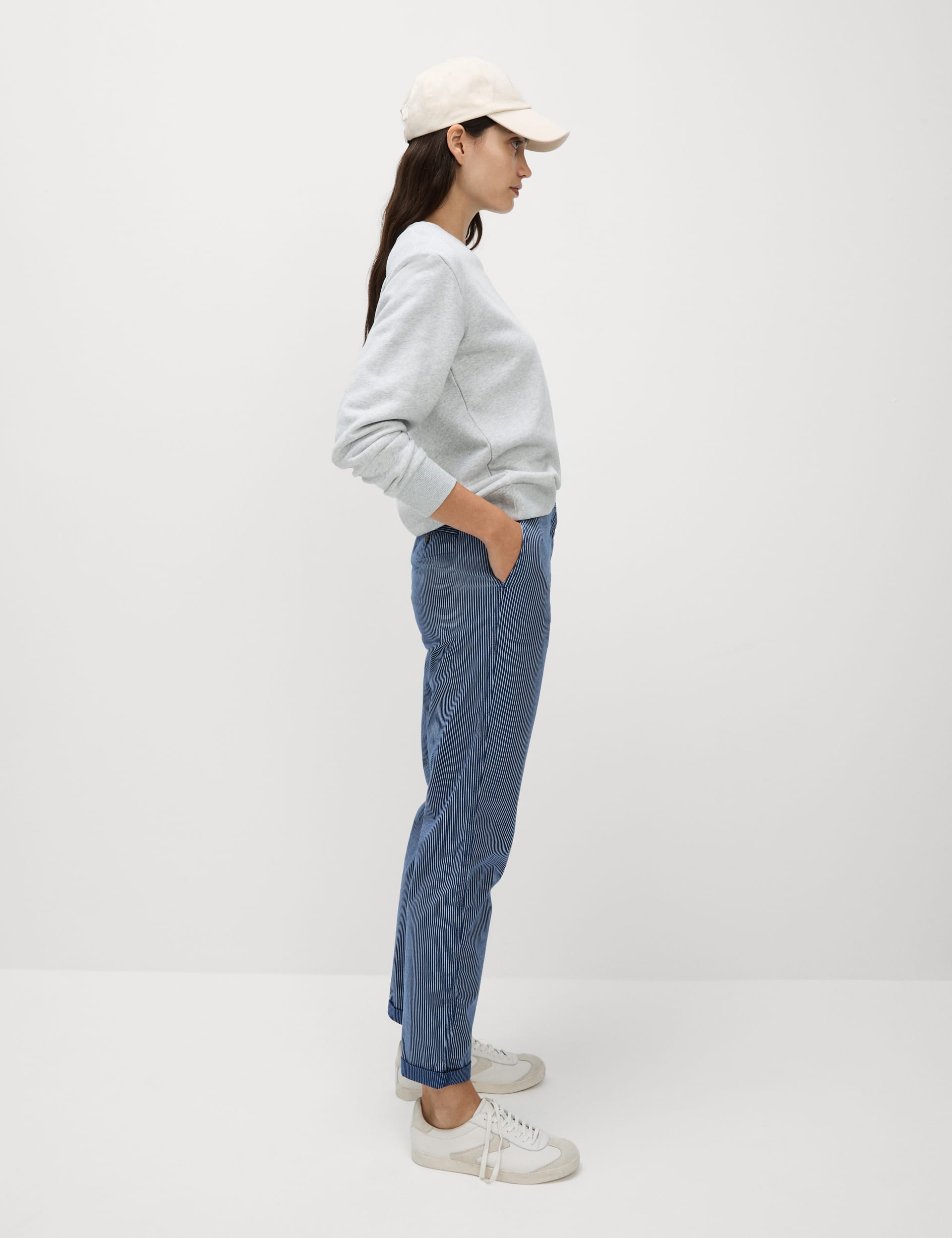 M&S Collection Women's Cotton Rich Striped Slim Fit Chinos - 14REG - Navy Mix, White Mix,Navy Mix