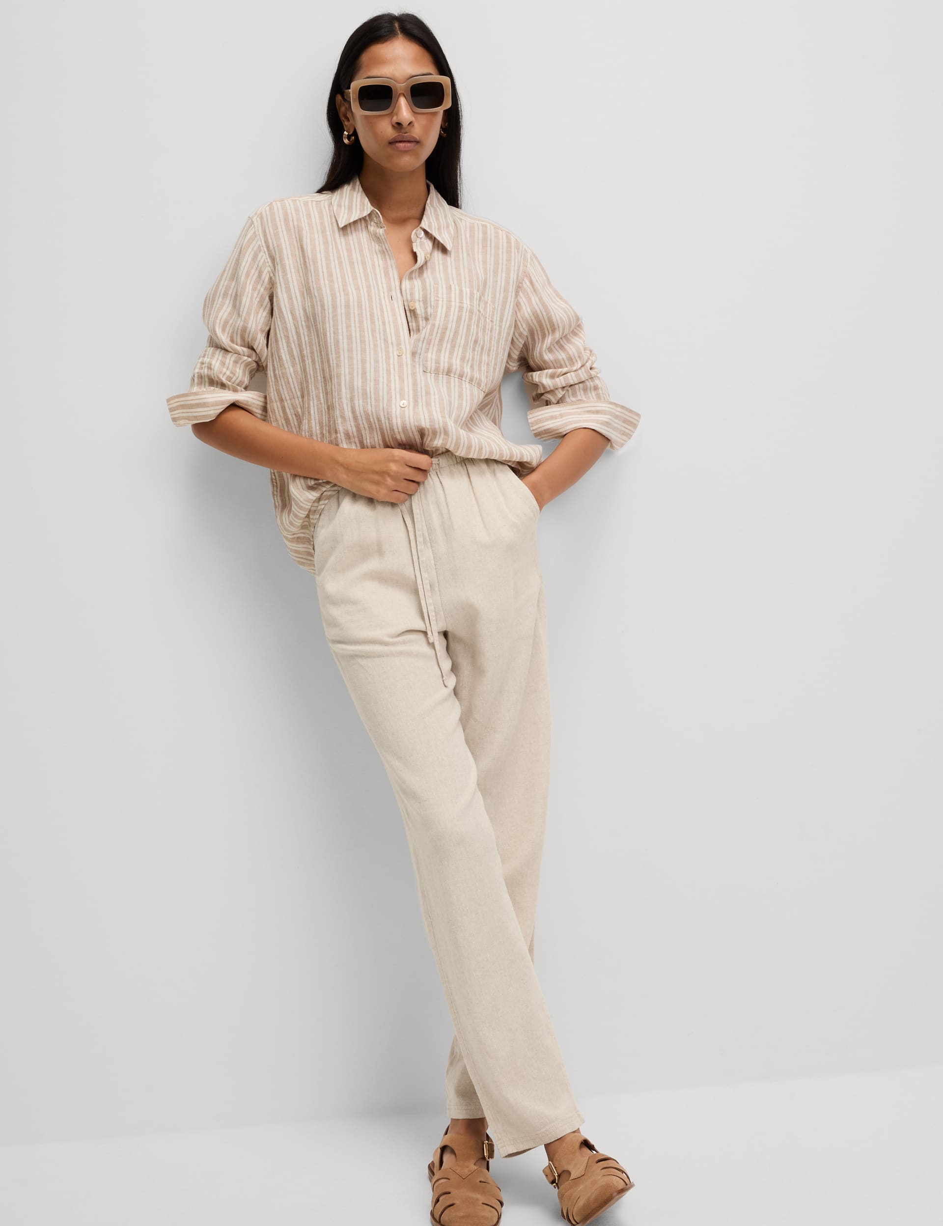 M&S Collection Women's Linen-Rich Drawstring Tapered Trousers - 14SHT - Oatmeal, Oatmeal,Black,White