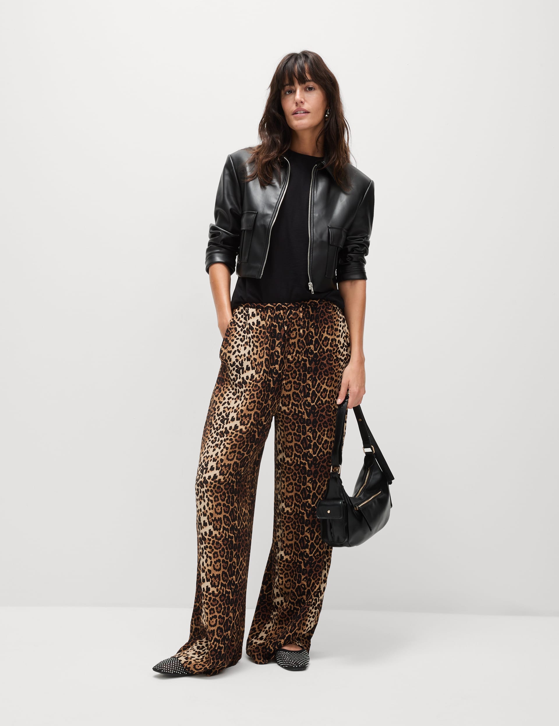 M&S Collection Women's Animal Print Drawstring Wide Leg Trousers - 14SHT - Brown Mix, Brown Mix,Blac