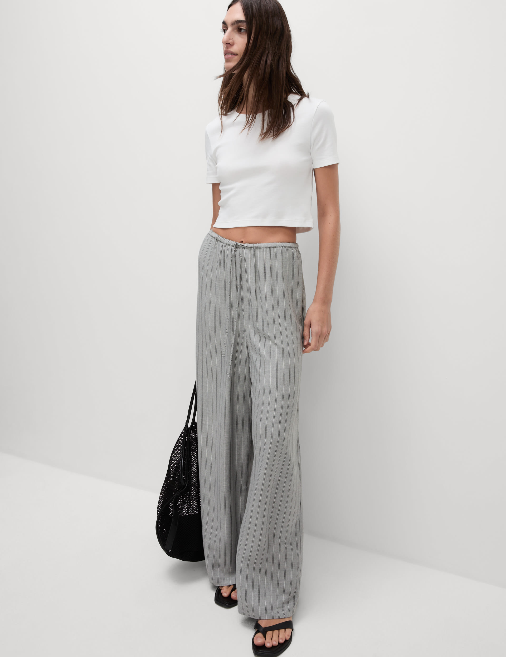 M&S Collection Women's Striped Drawstring Wide Leg Trousers - 14SHT - Grey Mix, Grey Mix