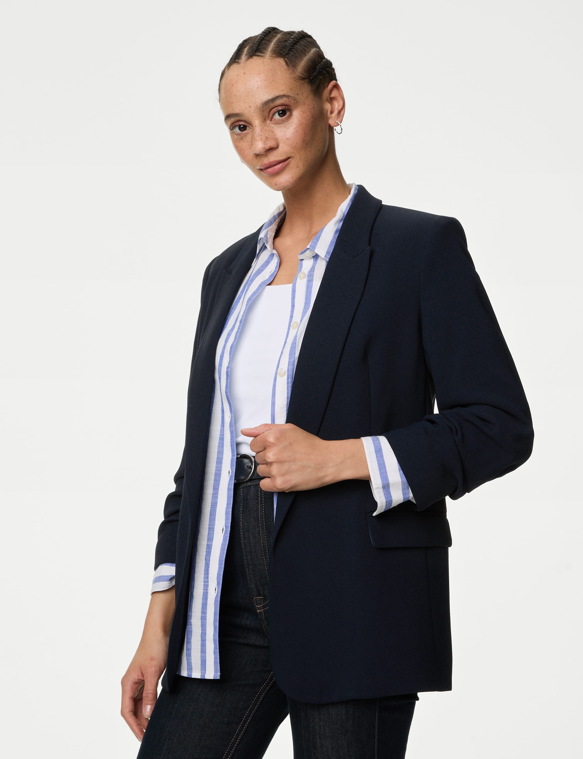 M&S Collection Women's Relaxed Ruched Sleeve Blazer - 6 - Navy, Navy