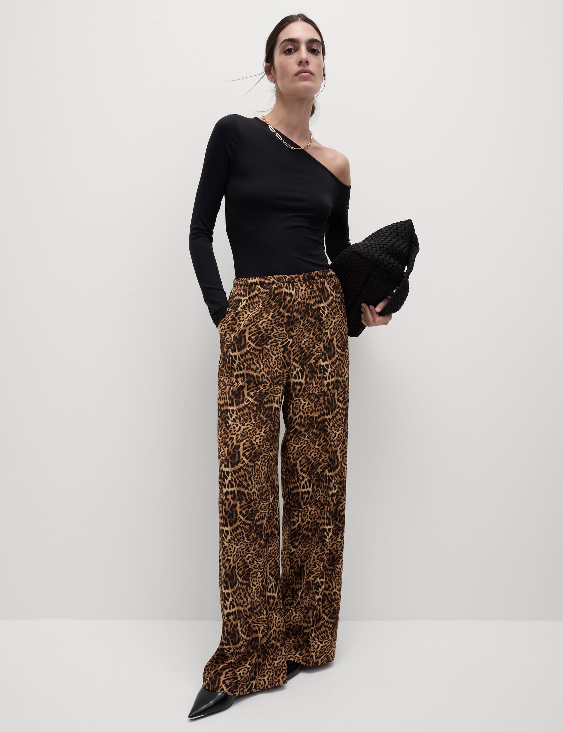 M&S Collection Women's Animal Print Wide Leg Trousers - 12REG - Brown Mix, Brown Mix