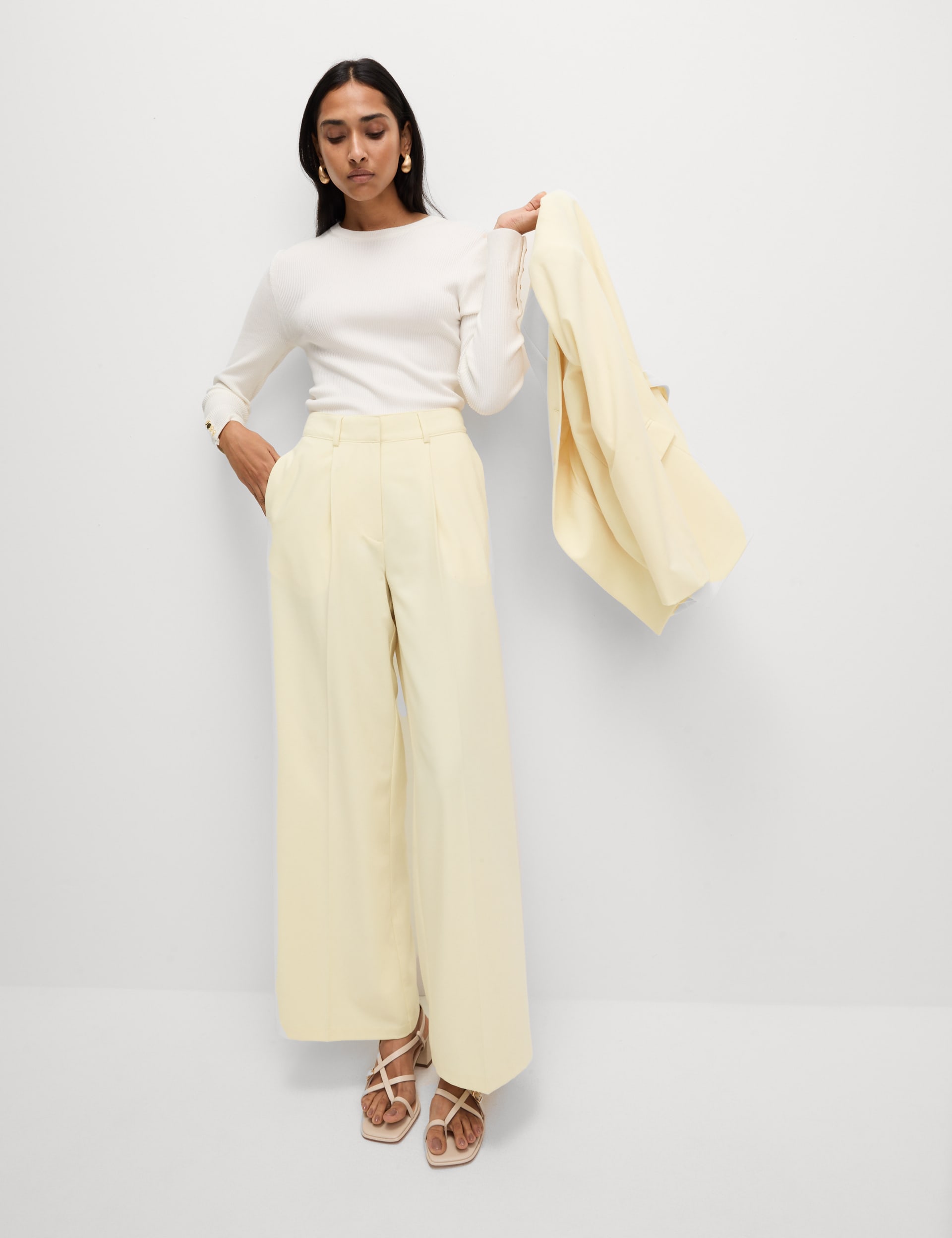 M&S Collection Women's Woven Pleat Front Wide Leg Trousers - 12REG - Pale Yellow, Pale Yellow,Thunde