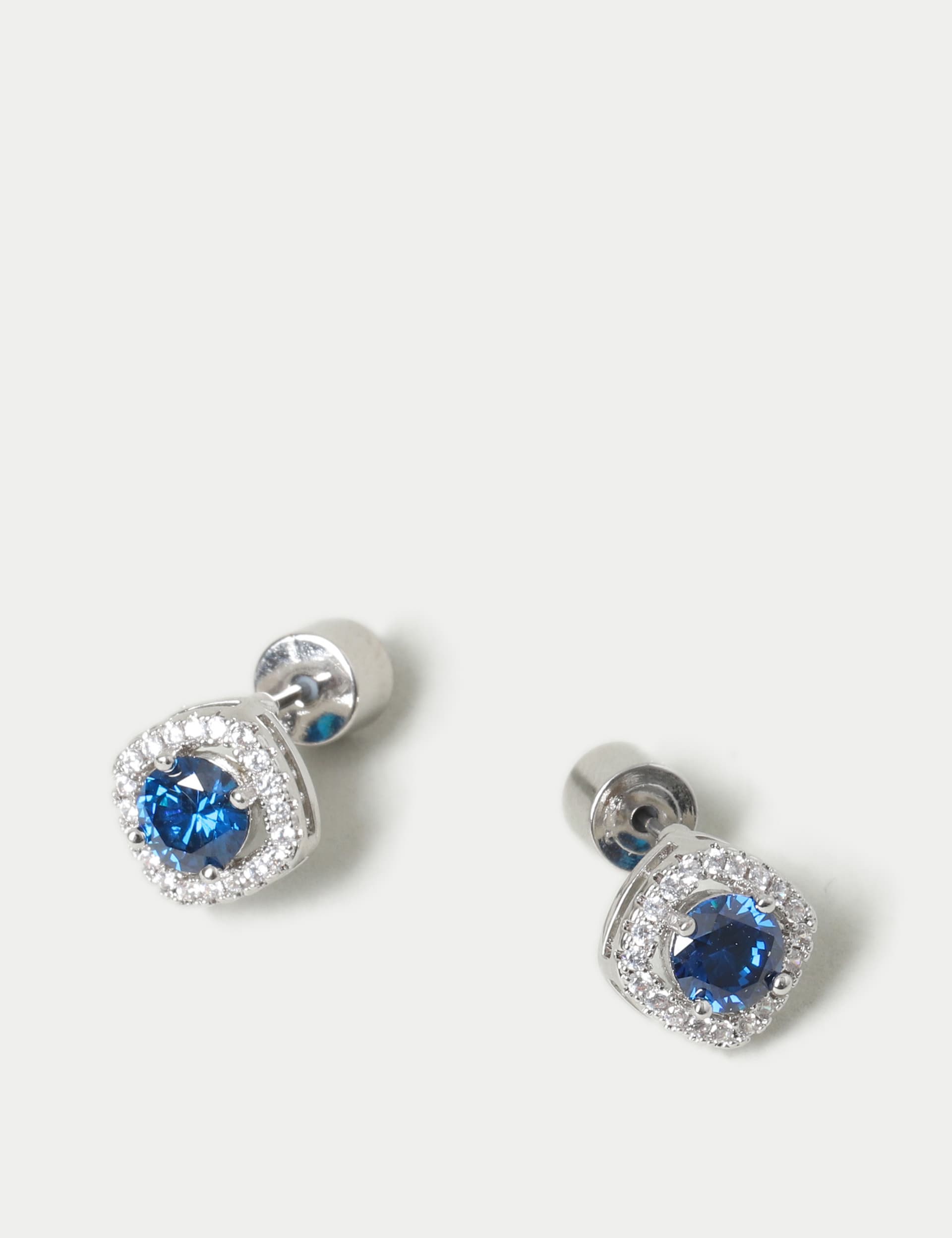 M&S Collection Women's Platinum Plated September Stud Earrings - Blue, Blue