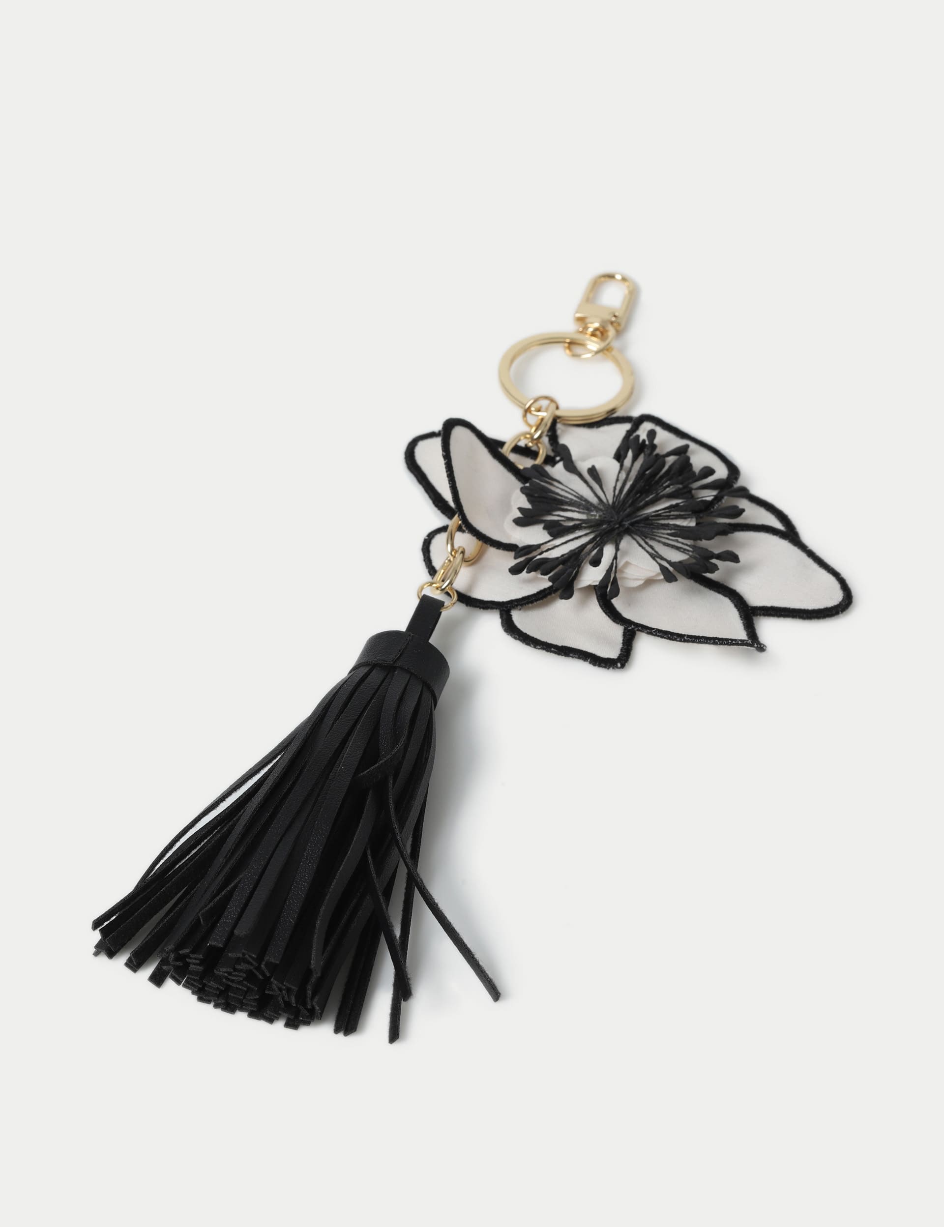 M&S Collection Women's Black Flower Tassel Bag Charm Keyring, Black