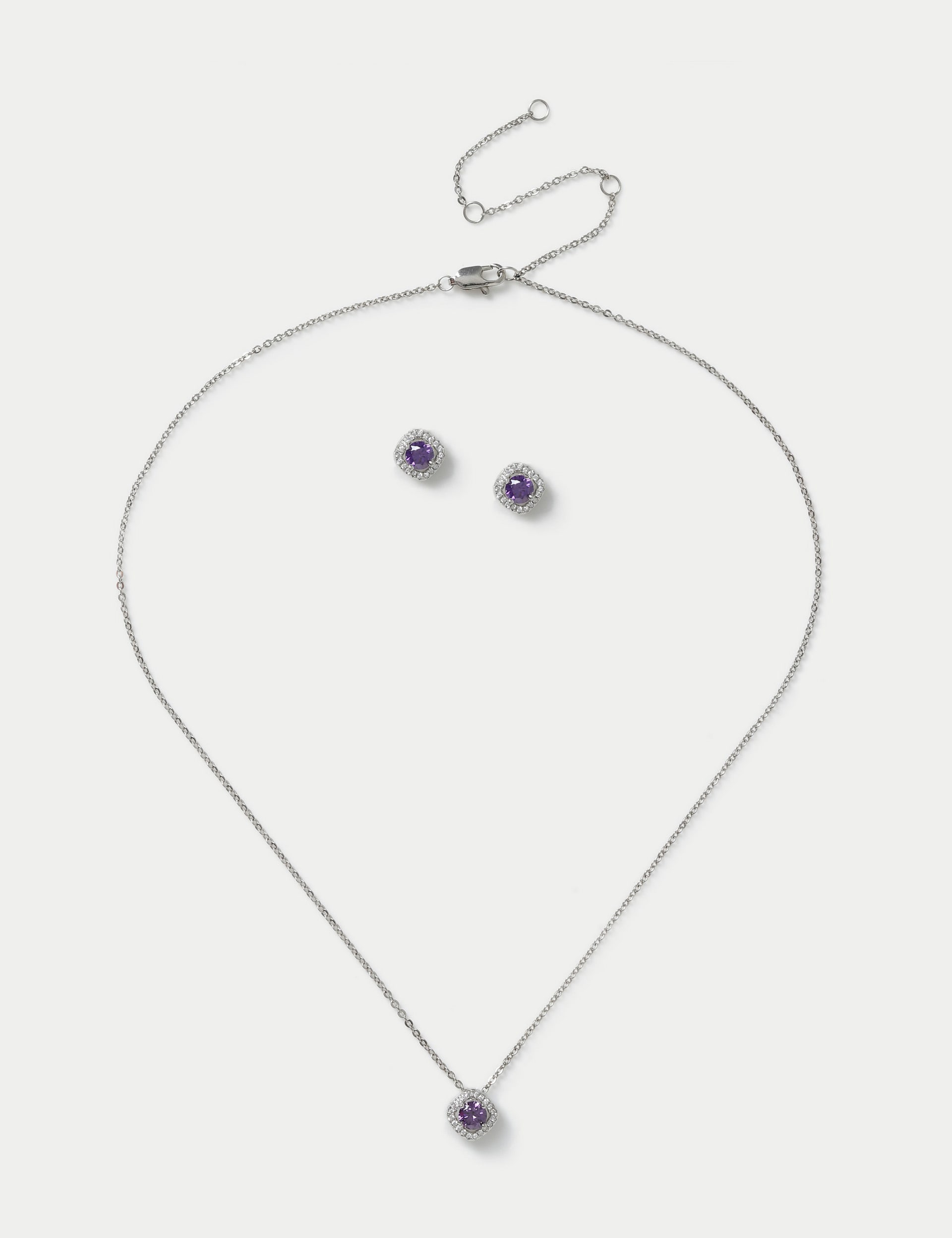 M&S Collection Women's Platinum Plated February Birthstone Earring and Necklace Set - Purple, Purple