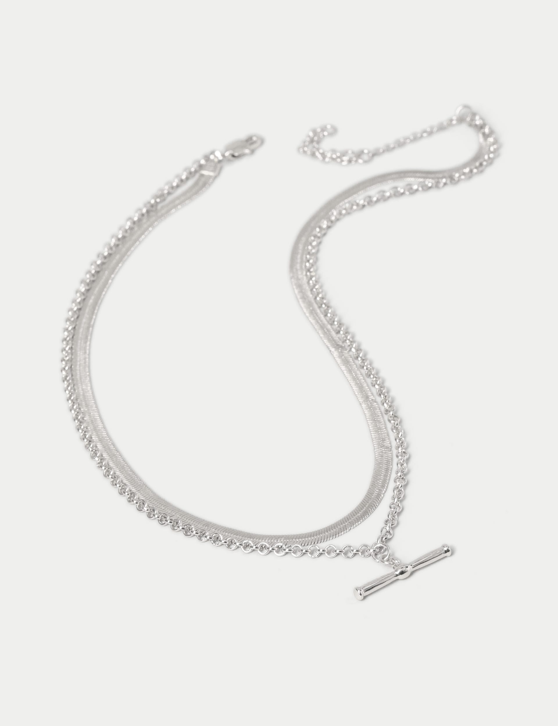 M&S Collection Women's Silver Tone Snake Chain Multi Row T-Bar Necklace, Silver