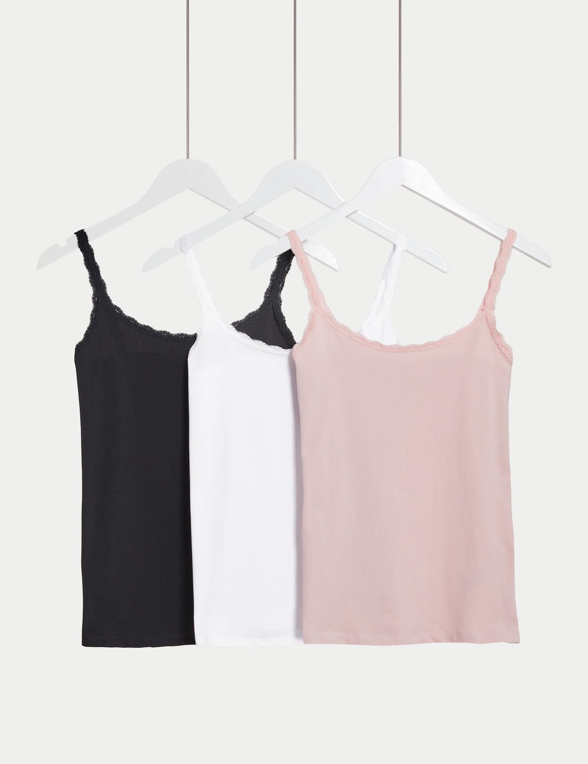 M&S Collection Women's 3pk Cotton Rich Lace Trim Vests - 12 - Soft Pink, Navy Mix,Green Mix,Pink Mix