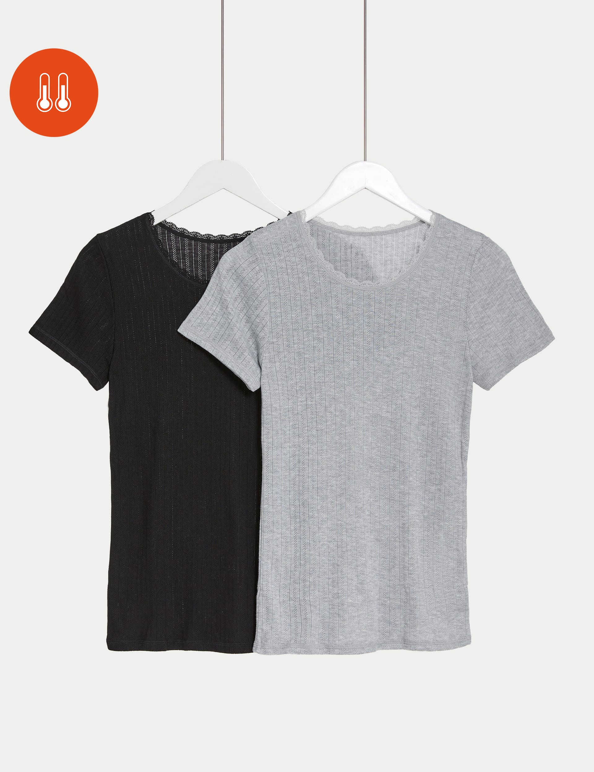 M&S Collection Women's 2 Pack Thermal Short Sleeve Pointelle Tops - 12 - Black Mix, White,Black Mix