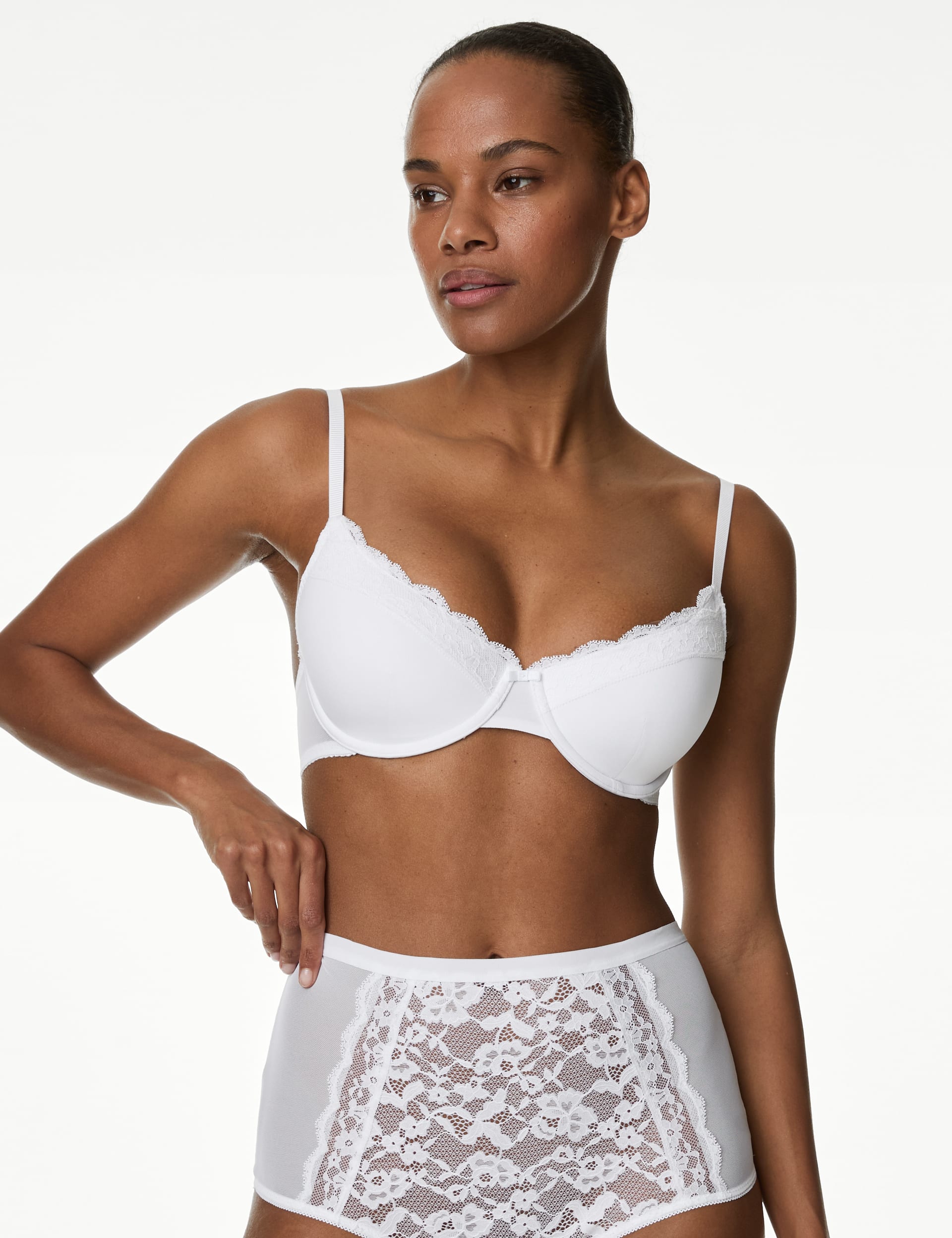 M&S Collection Women's Lace Trim Wired Demi Cup Bra A-E - 36C - White, White,Black