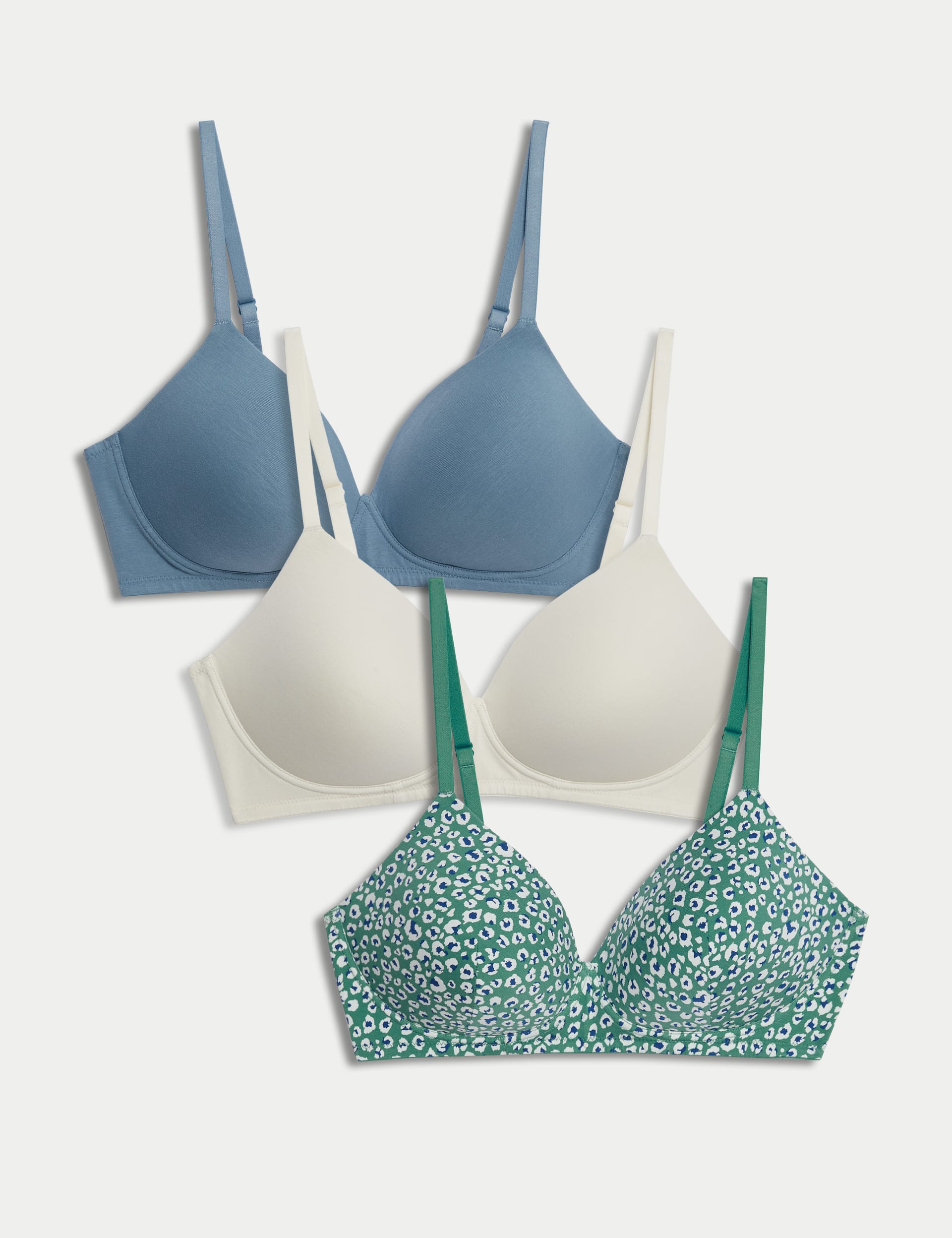 M&S Collection Women's 3pk Cotton Non Wired Full Cup T-Shirt Bra A-E - 34B - Sea Green, Sea Green