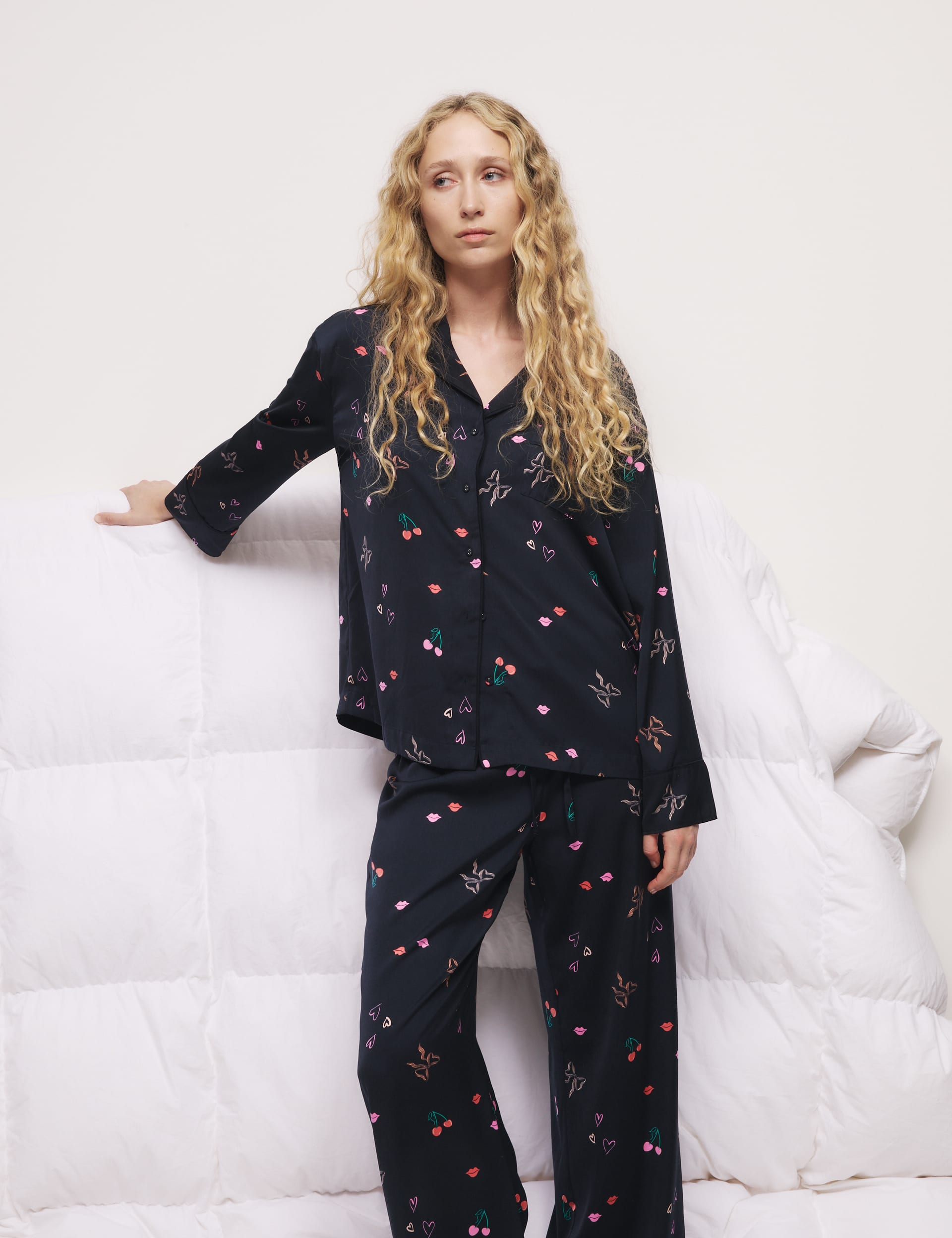 M&S Collection Women's Dream Satin Printed Revere Pyjama Set - 12 - Navy, Navy,Light Wedgewood