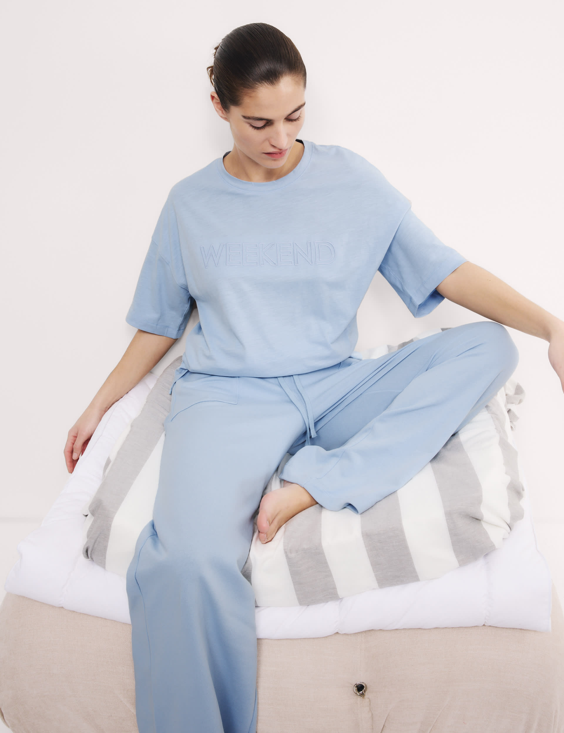 Body By M&S Women's Cotton Rich Slogan Pyjama Set - Blue Mix, Blue Mix,Grey Mix