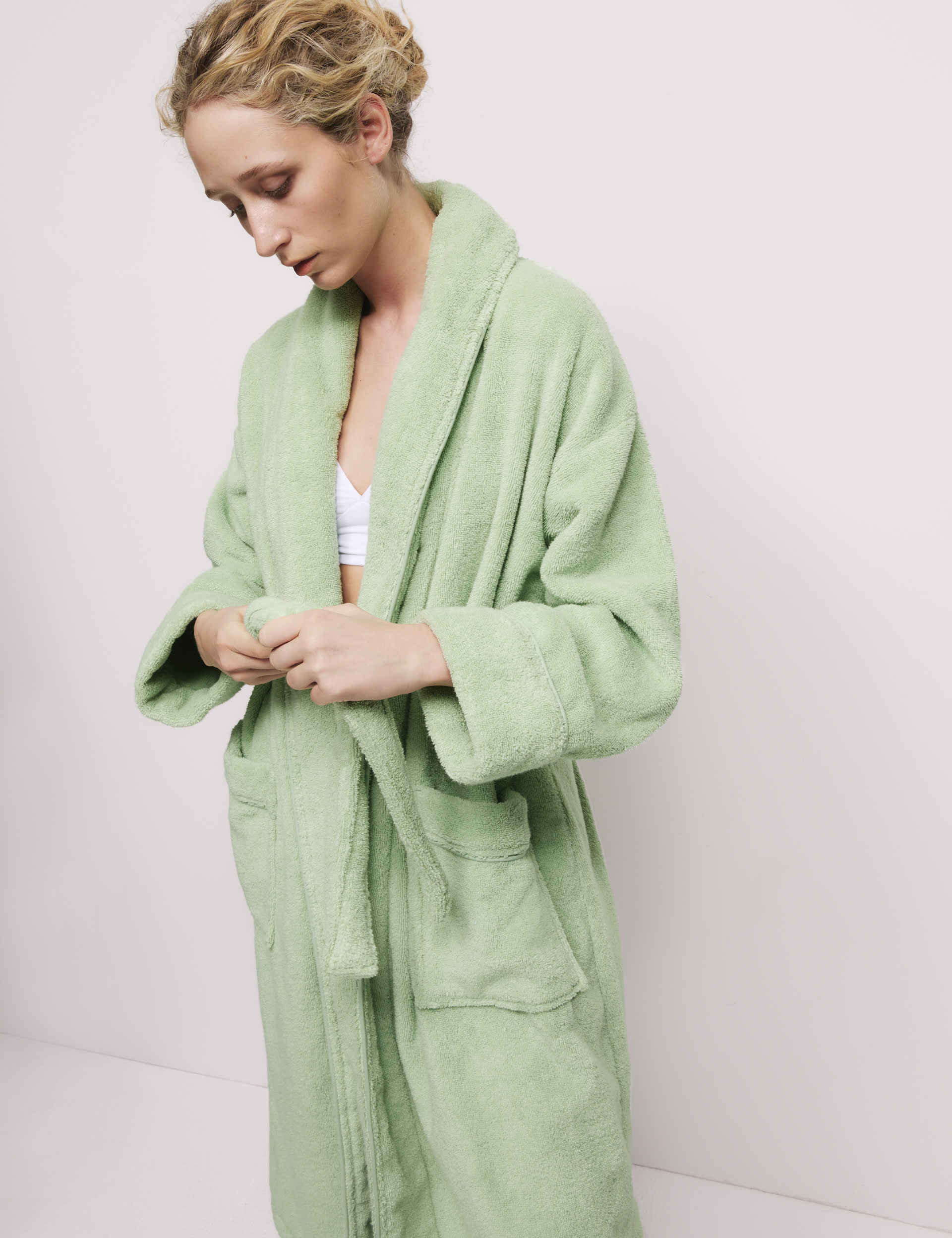 M&S Collection Women's Pure Cotton Towelling Dressing Gown - M - Light Mint, Light Mint,White,Soft P