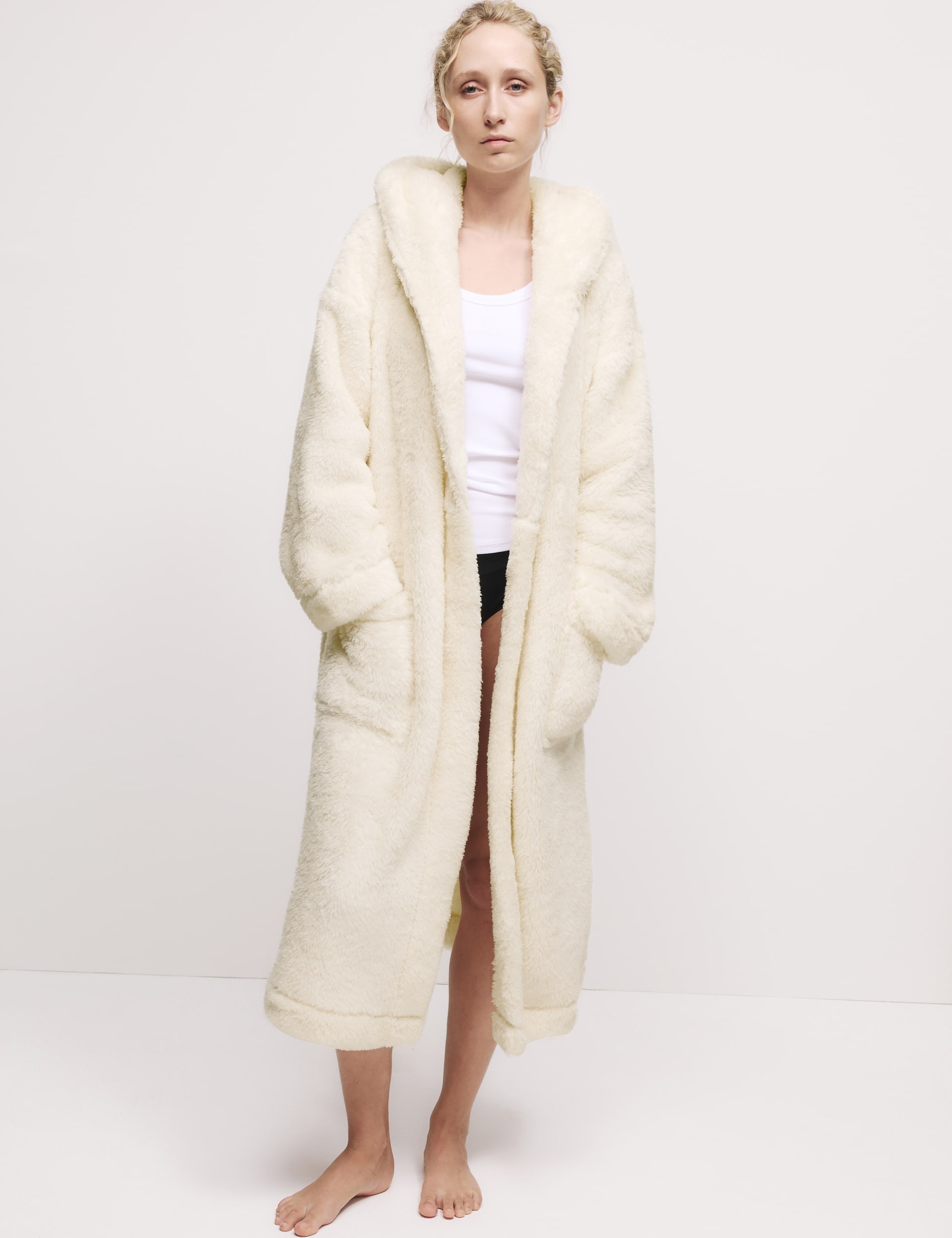 M&S Collection Women's Fleece Hooded Dressing Gown - M - Ivory, Ivory