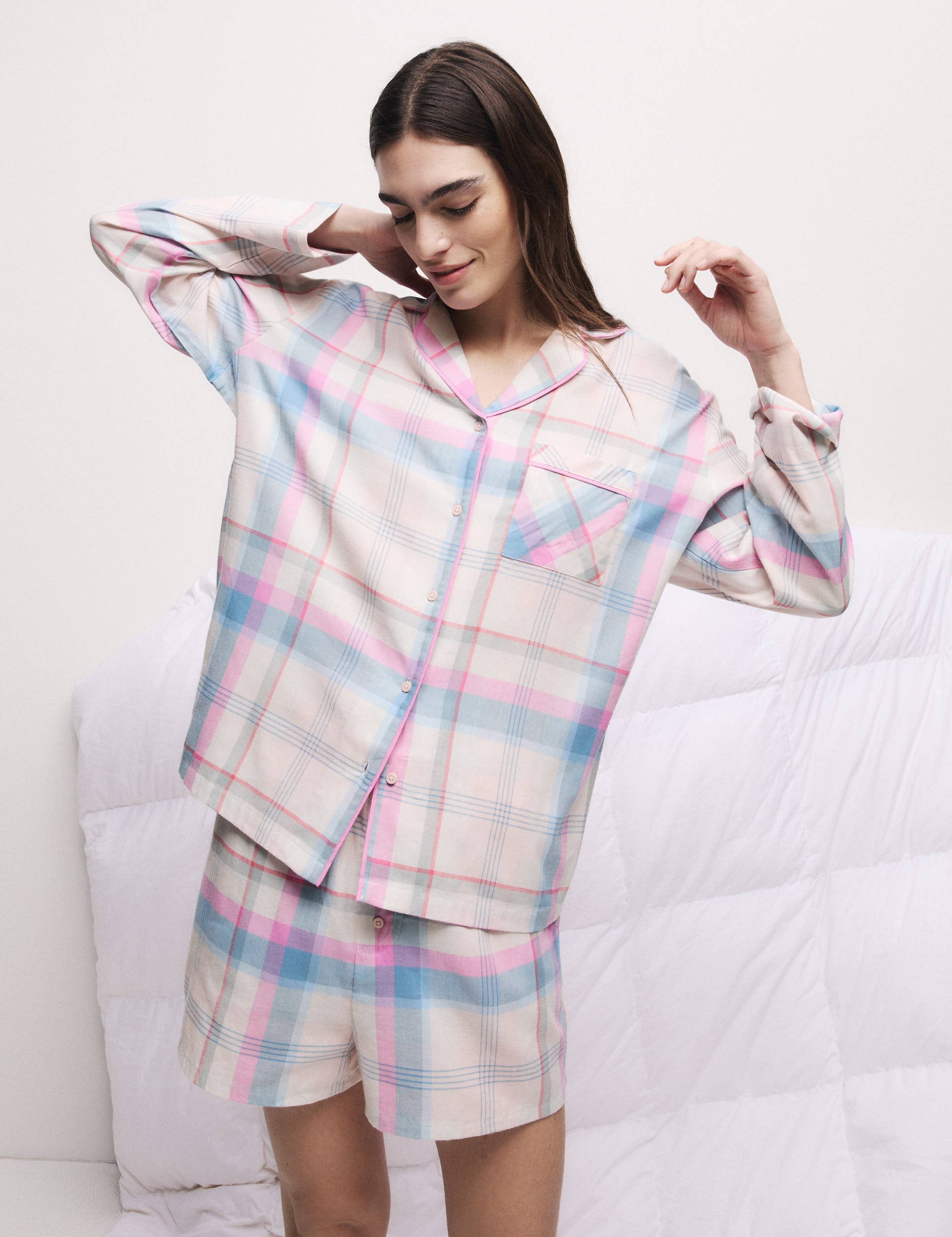 M&S Collection Women's Cotton Blend Checked Pyjama Top - 14 - Peach Mix, Peach Mix