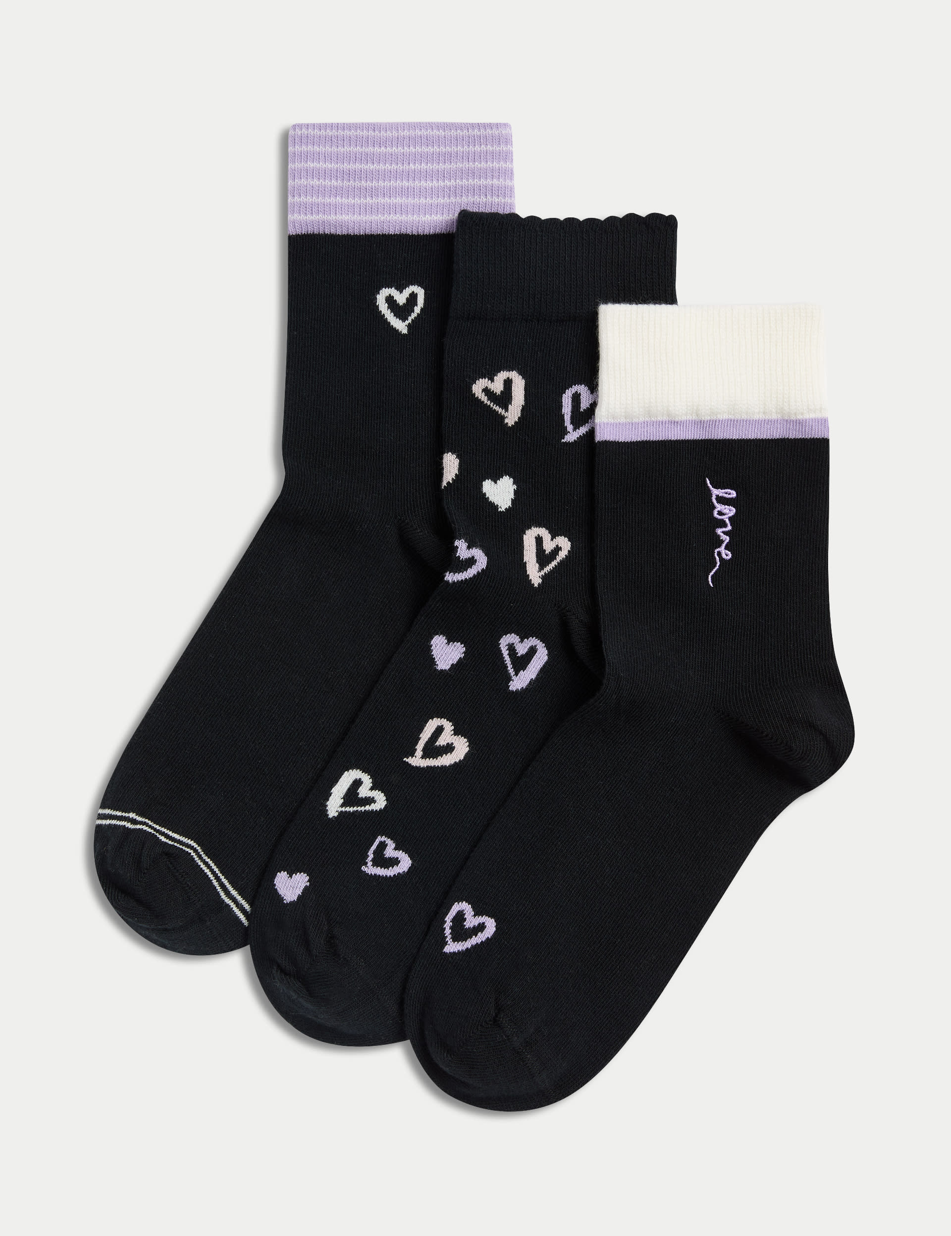 M&S Collection Women's 3pk Cotton Rich Love Heart Ankle High Socks - 6-8 - Lilac, Navy Mix,Lilac