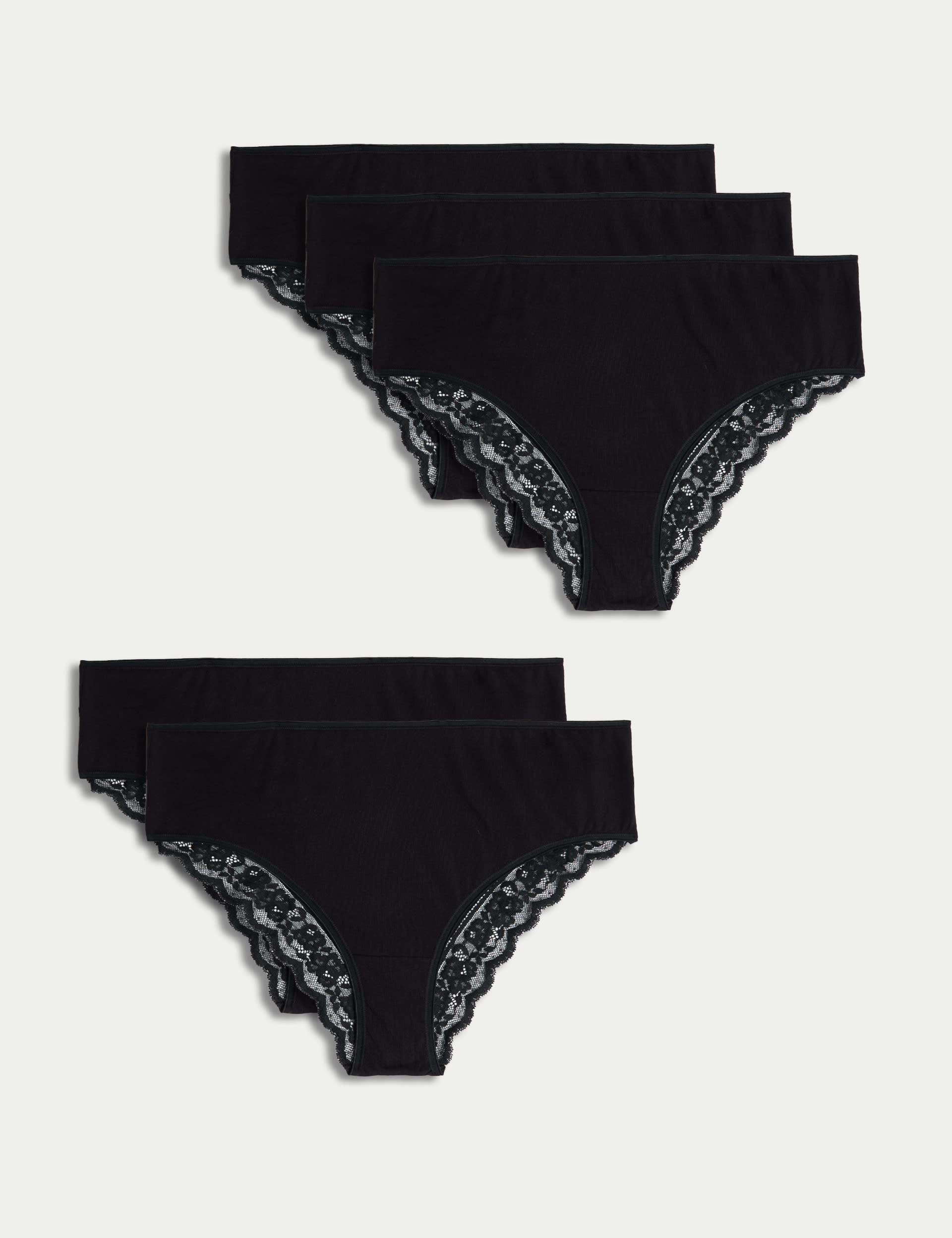 M&S Collection Women's 5pk Cotton & Lace High Waisted Brazilian Knickers - 16 - Black, Black