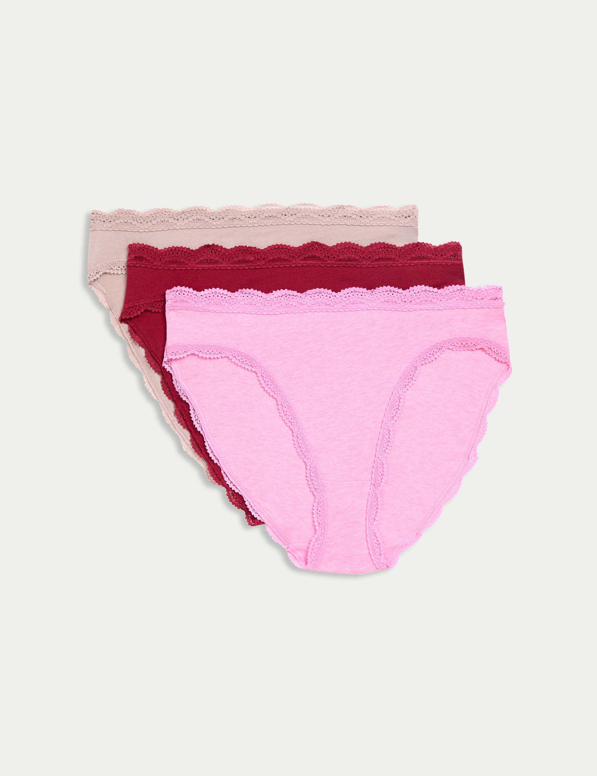 M&S Collection Women's 3pk Cotton Rich High Leg Knickers - 14 - Dark Cranberry, Dark Cranberry,Peach