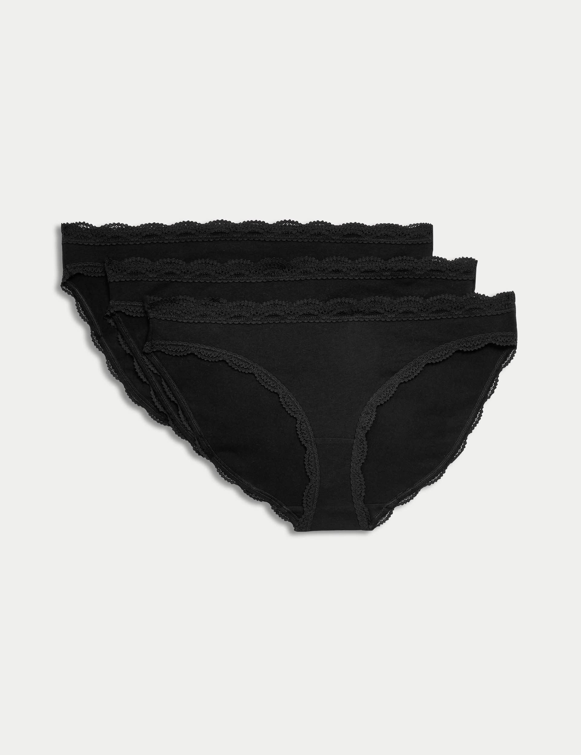 M&S Collection Women's 3pk Cotton Rich & Lace Bikini Knickers - 12 - Black, Black,Green Mix