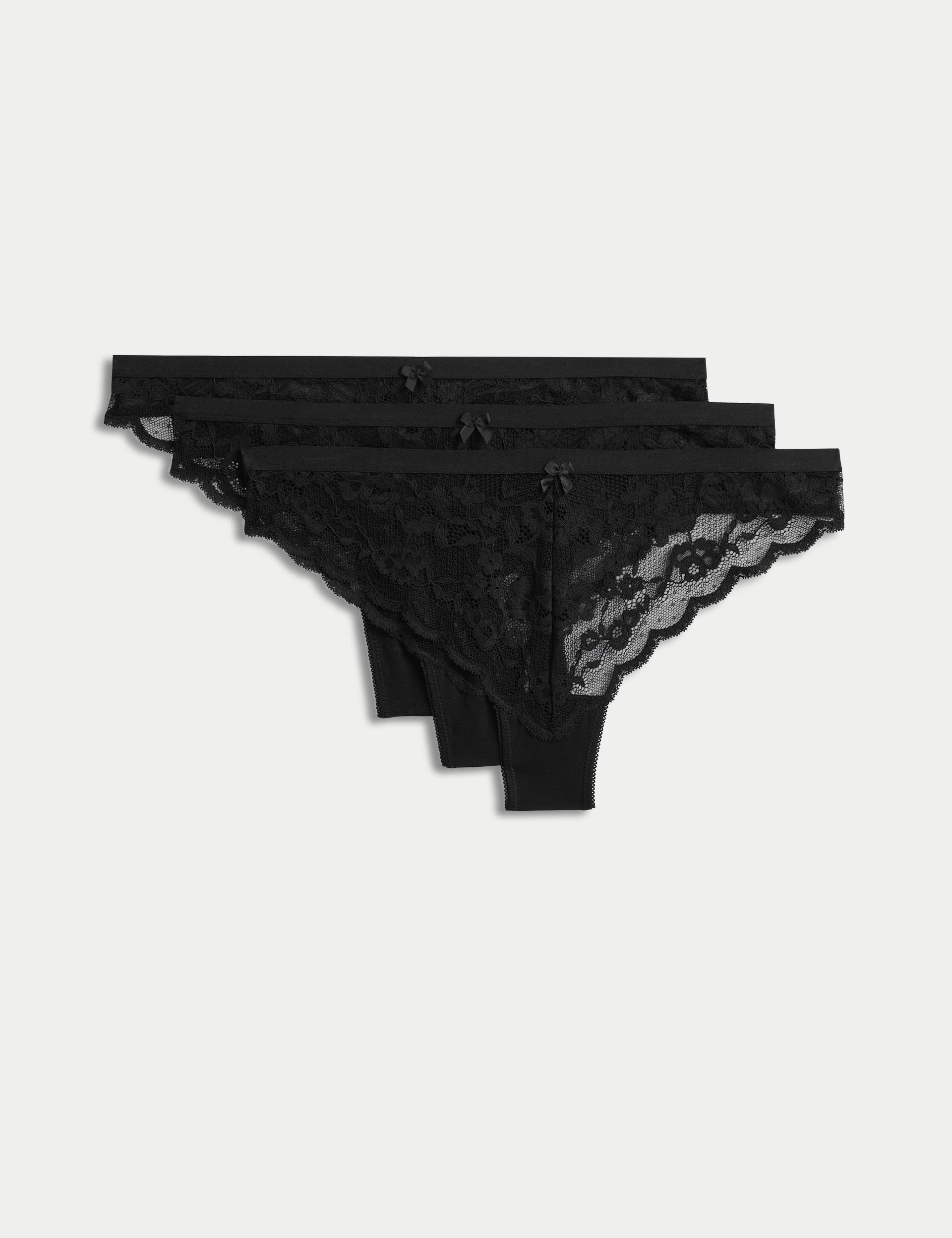 M&S Collection Women's 3pk Lace Thongs - 12 - Black, Light Pink Mix,Black,White