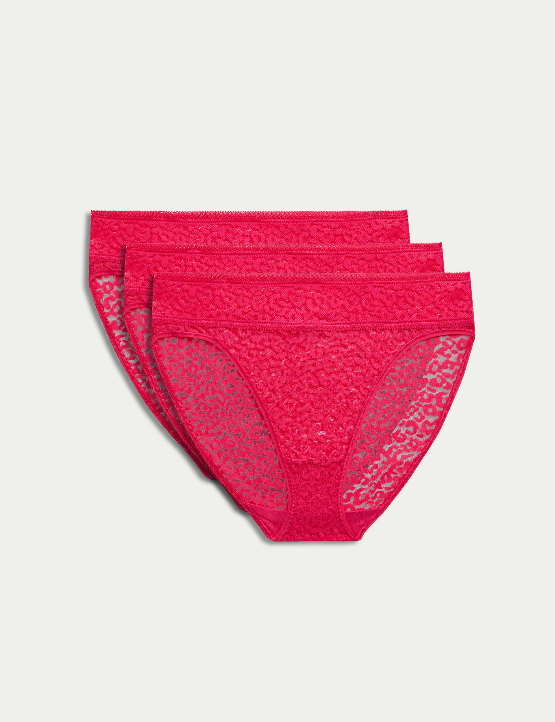 M&S Collection Women's 3pk Animal Lace High Leg Knickers - Hot Pink, Hot Pink