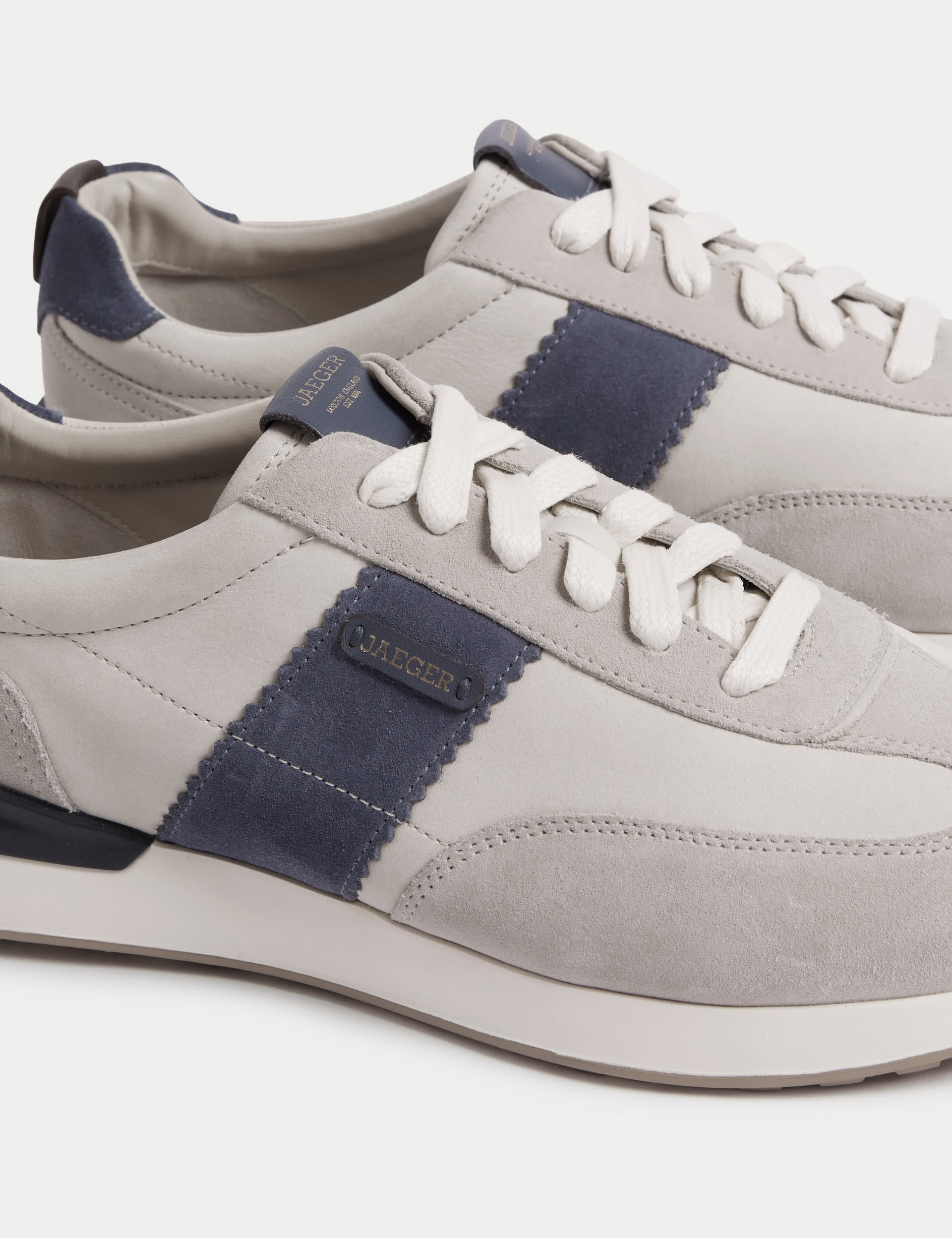 Jaeger Men's Leather Lace Up Trainers - 9 - White Mix, White Mix,Navy