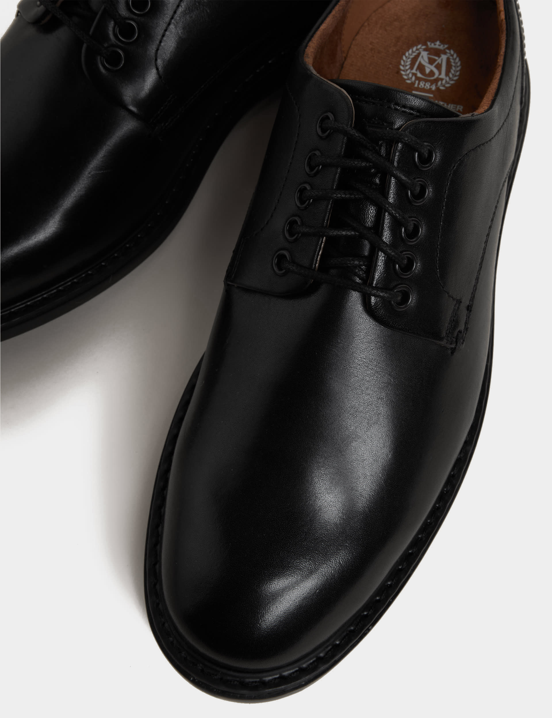 M&S Collection Men's Wide Fit Heritage Leather Derby Shoes - 12 - Black, Black