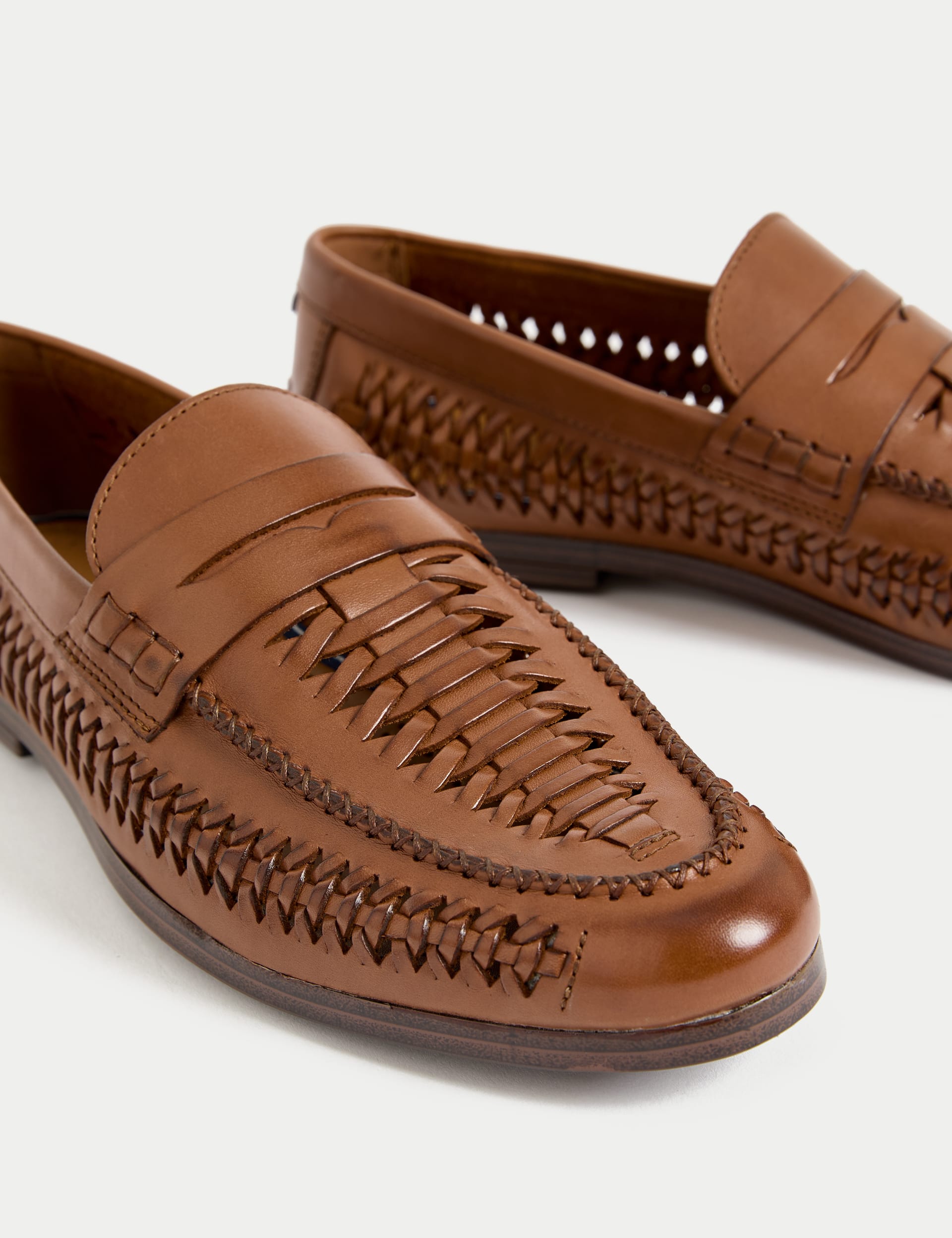 M&S Collection Men's Leather Woven Loafers - 8 - Tan, Tan