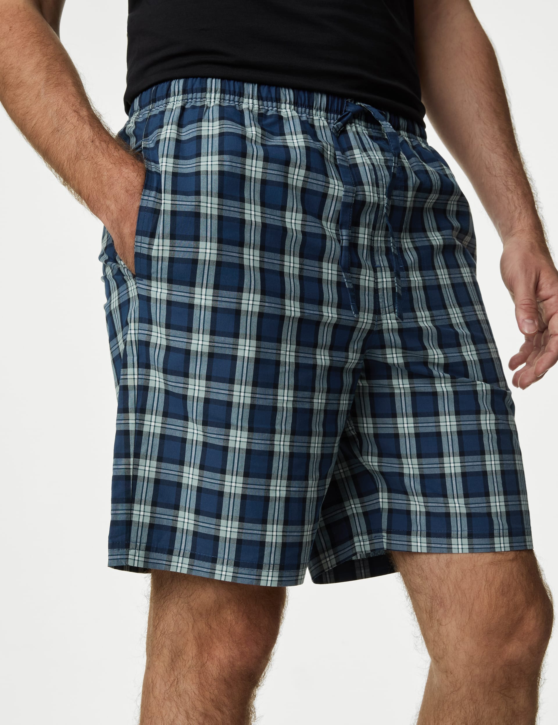 M&S Collection Men's 2 Pack Pure Cotton Checked Pyjama Shorts - L - Blue Mix, Blue Mix