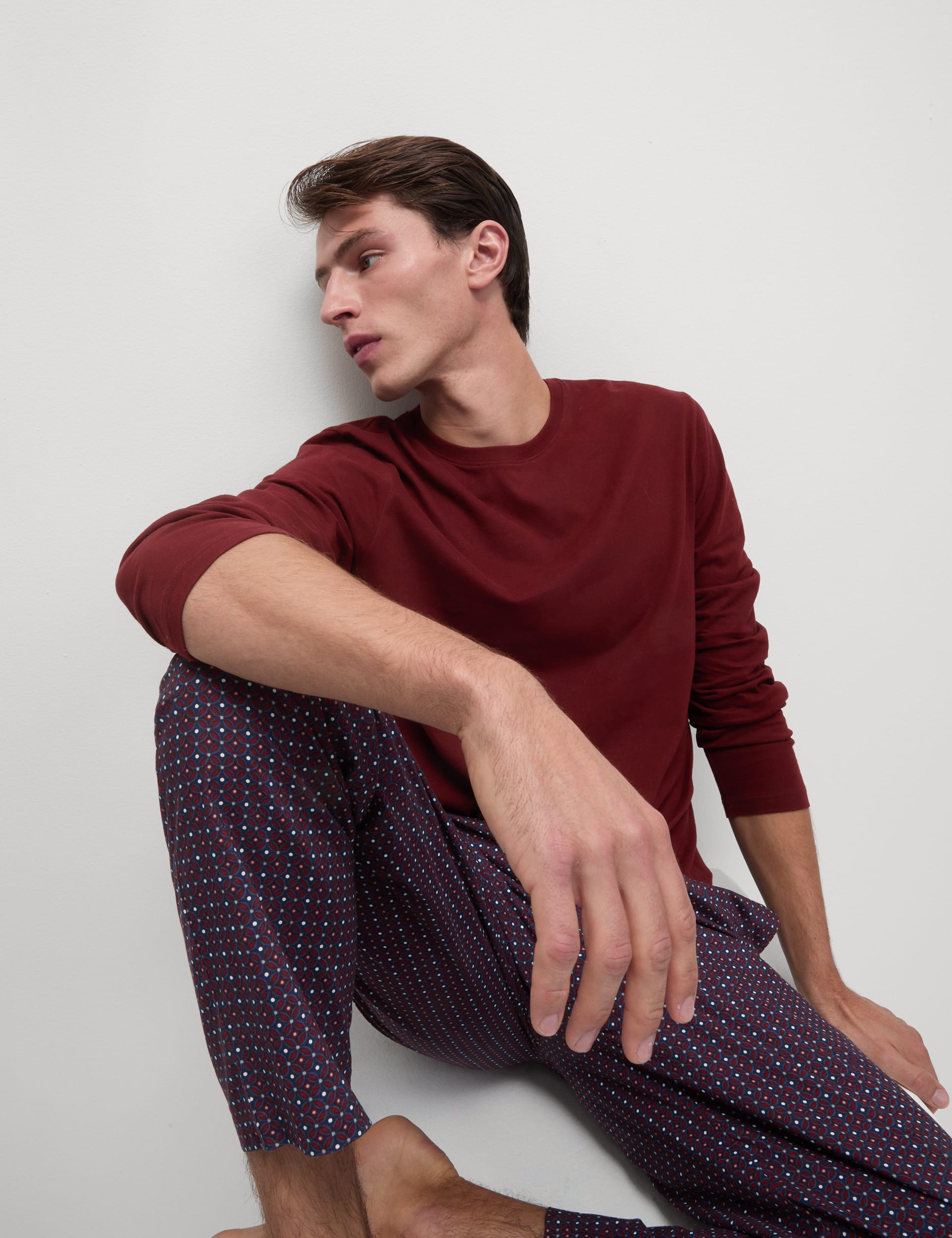 M&S Collection Men's Pure Cotton Geometric Print Pyjama Set - Burgundy Mix, Burgundy Mix