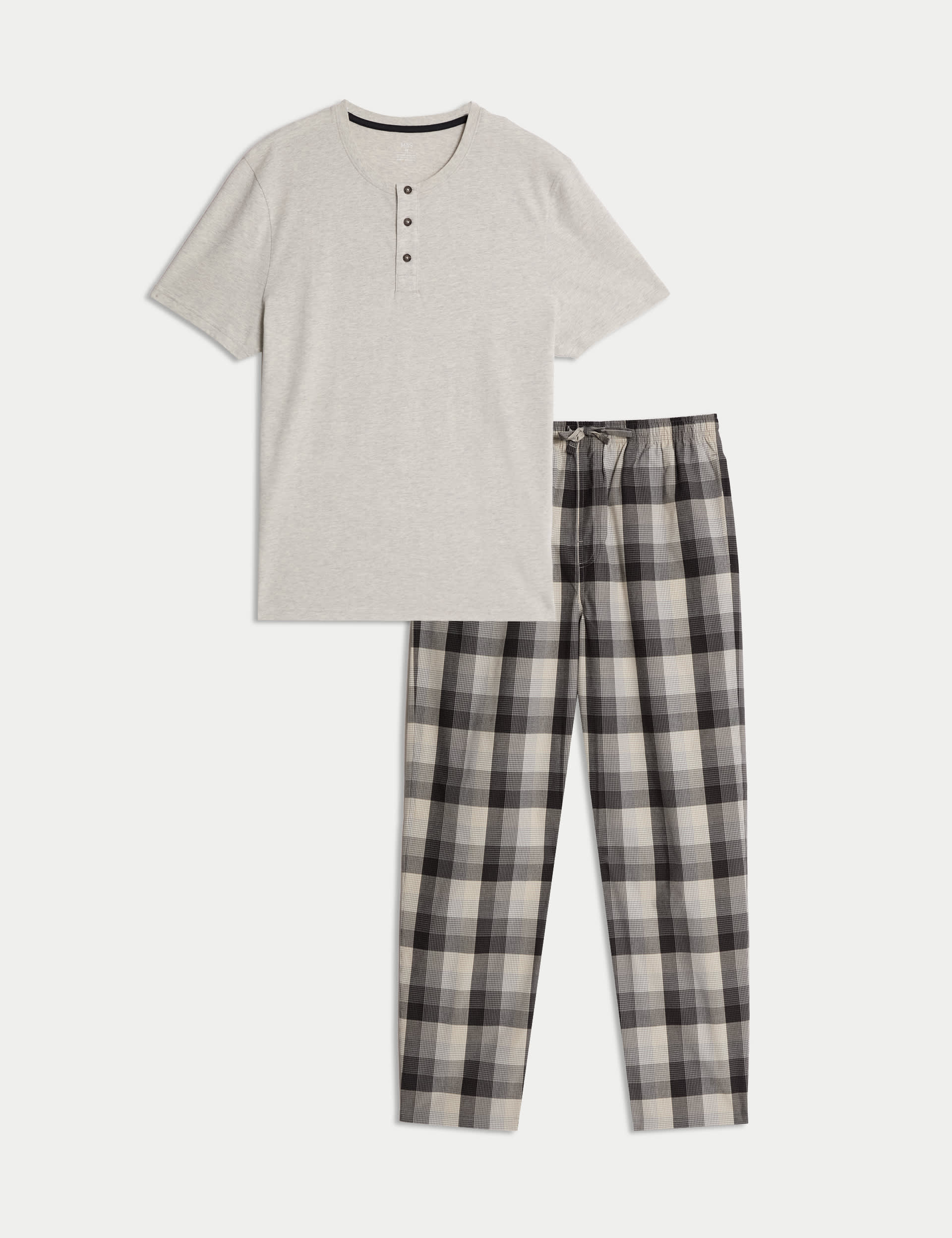 M&S Collection Men's Pure Cotton Checked Pyjama Set - Sand Mix, Sand Mix