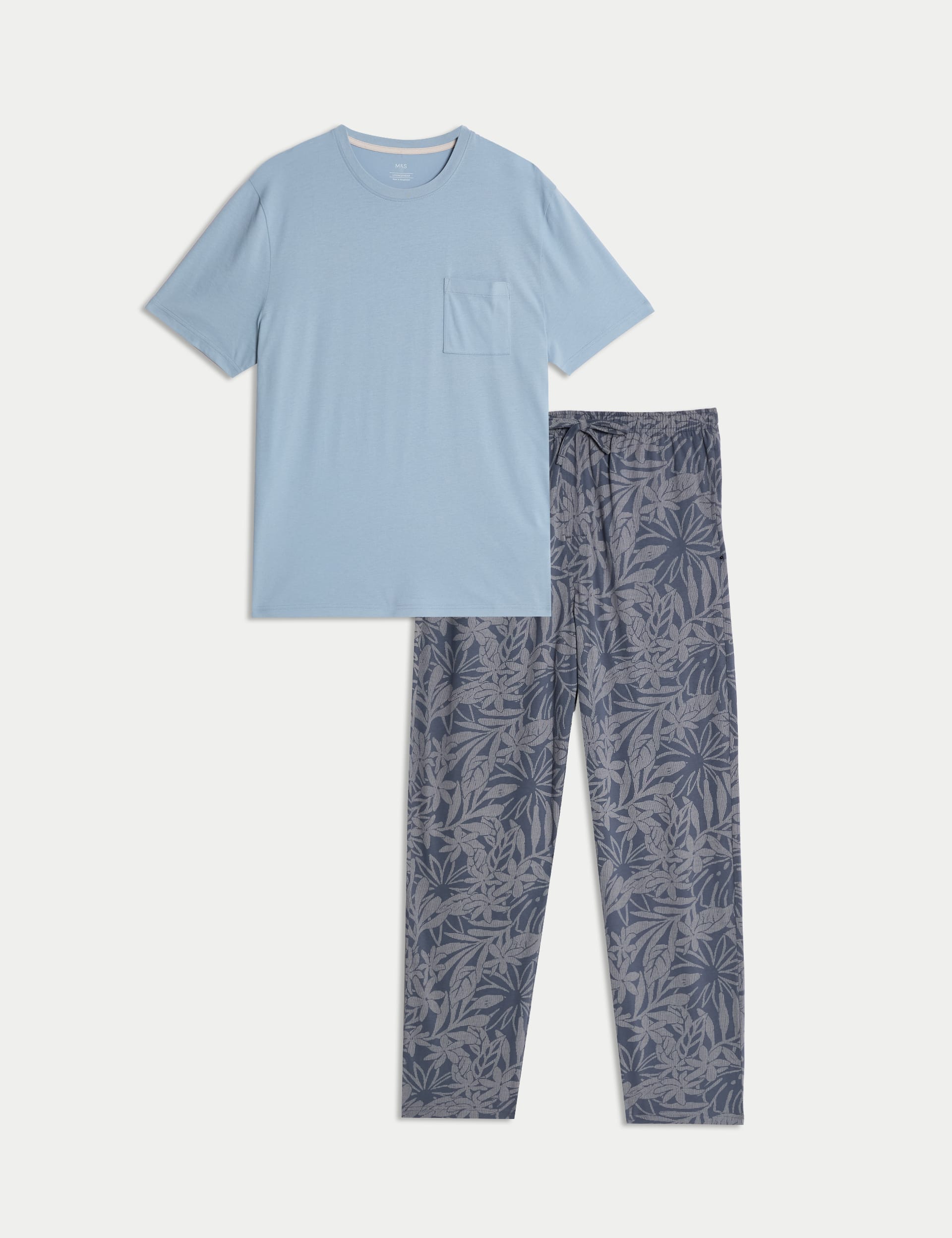 M&S Collection Men's Pure Cotton Palm Print Pyjama Set - Light Blue, Light Blue