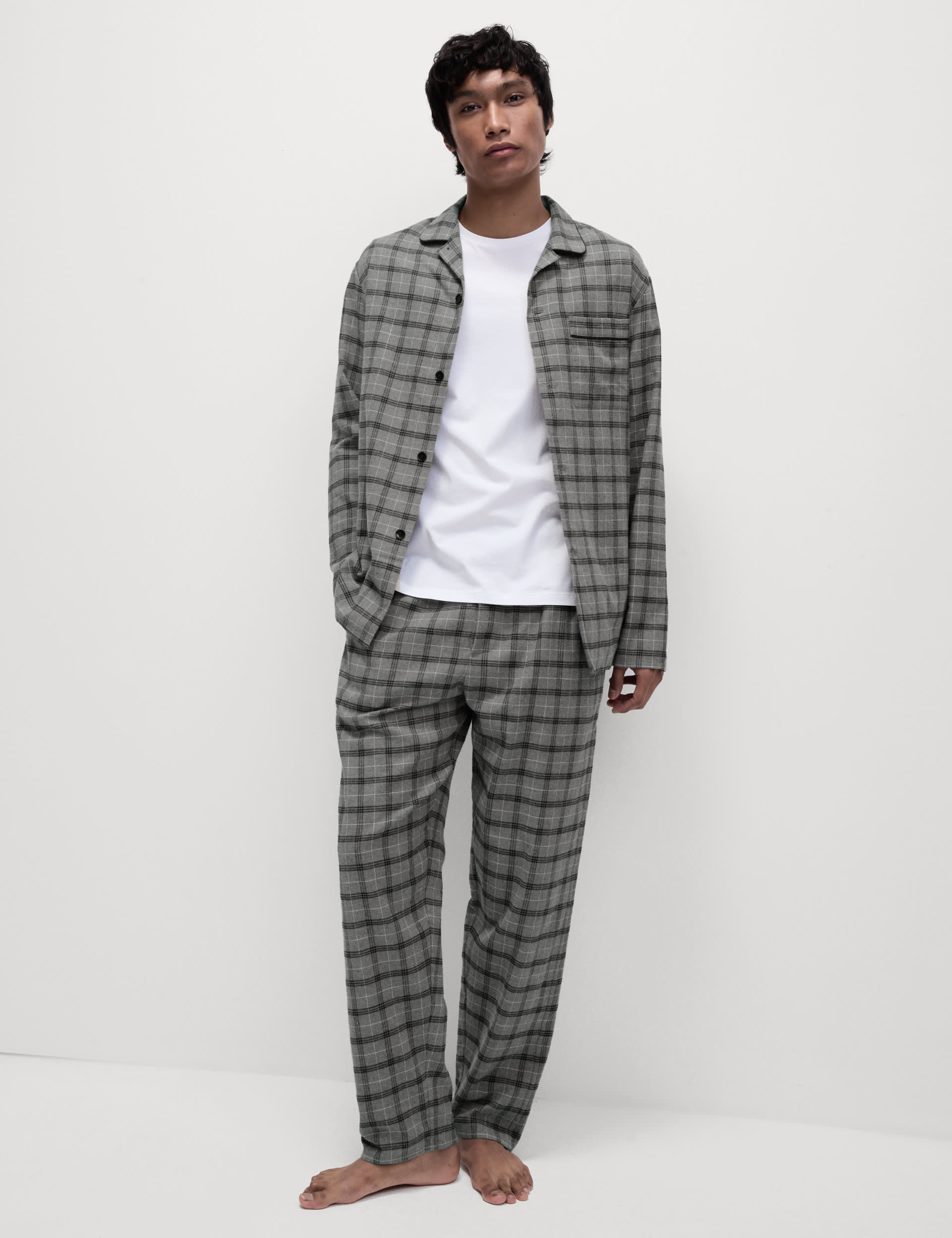 M&S Collection Men's Brushed Cotton Checked Pyjama Set - L - Grey Mix, Navy Mix,Burgundy Mix,Grey Mi