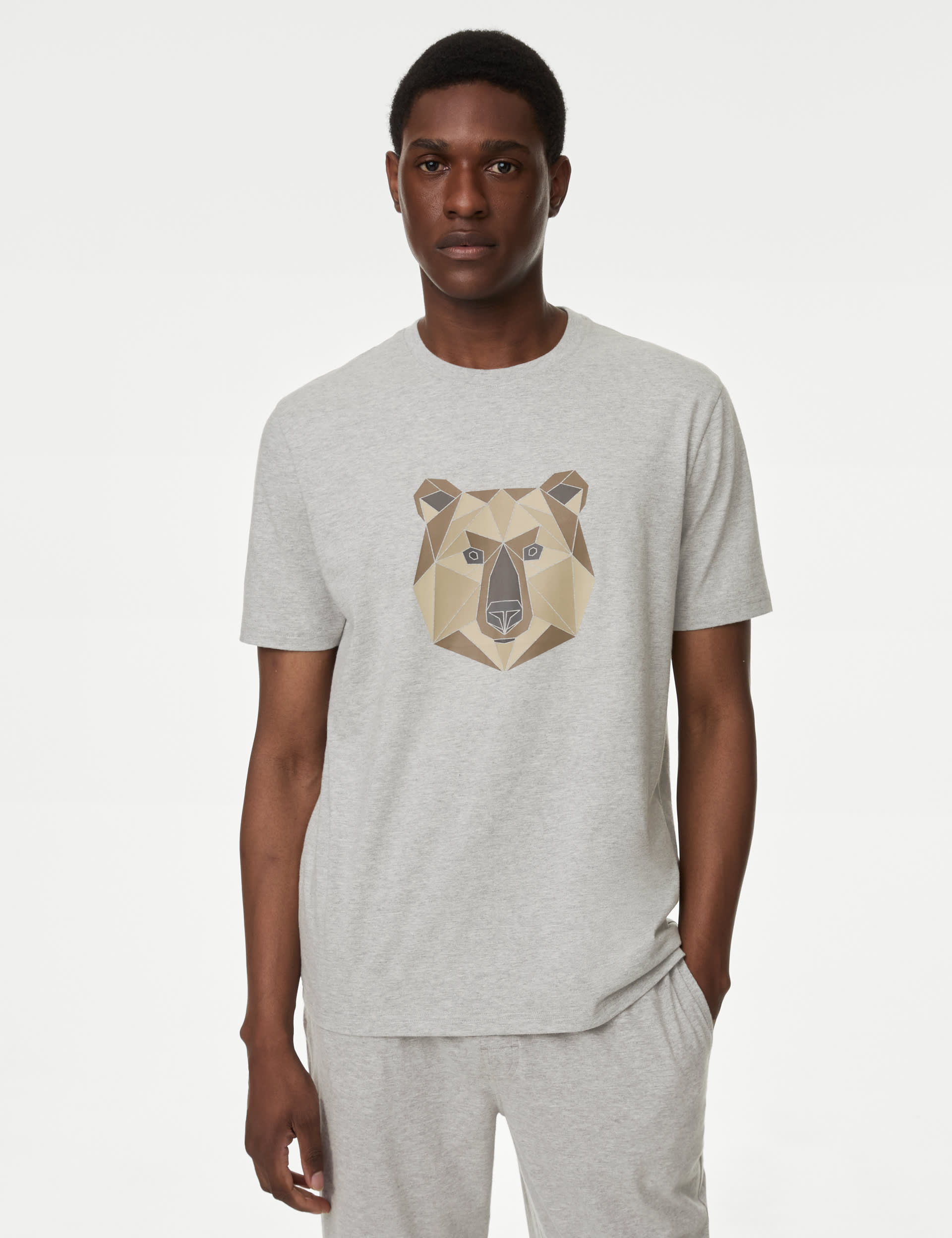 M&S Collection Men's Pure Cotton Bear Graphic T-shirt - M - Grey Mix, Grey Mix