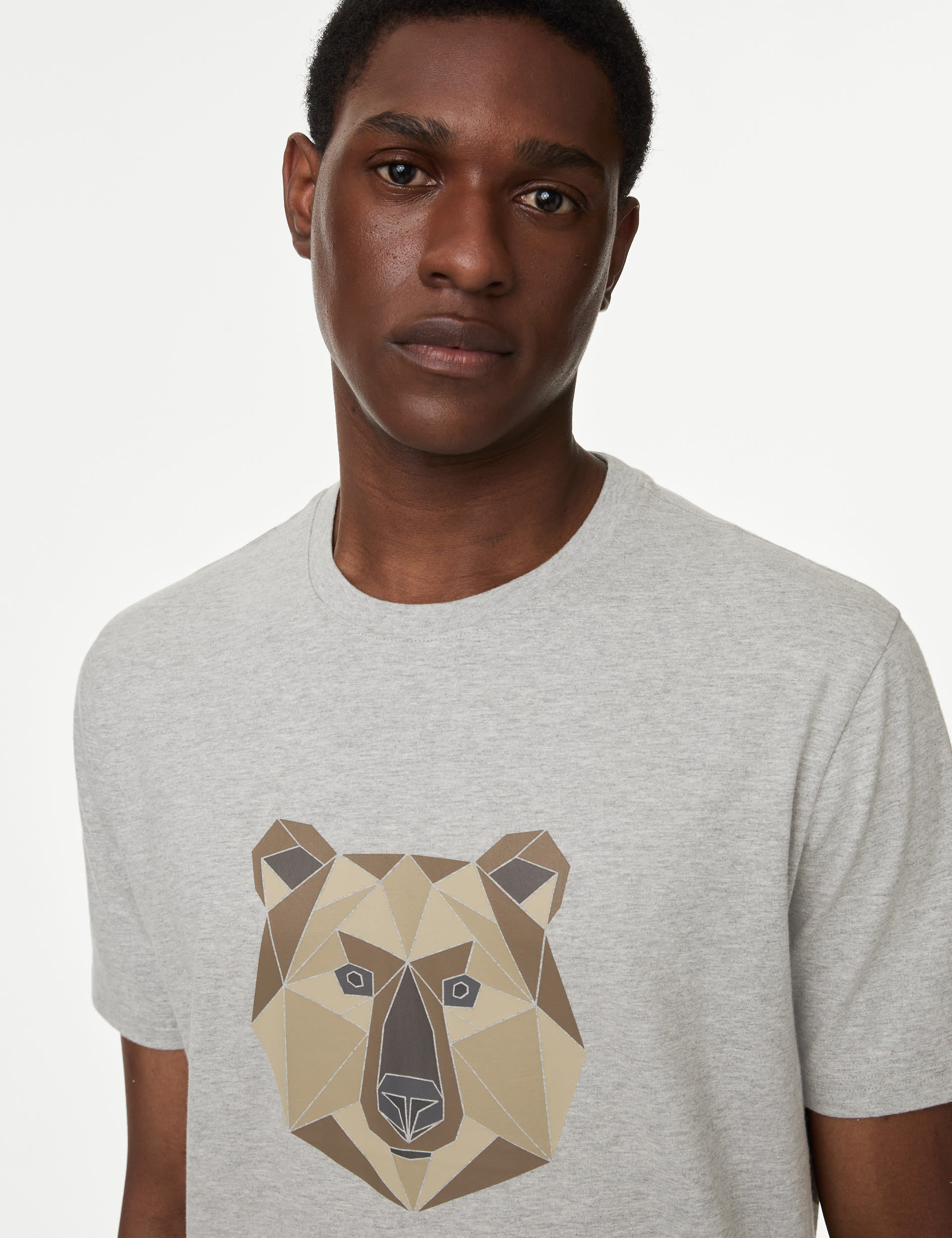 M&S Collection Men's Pure Cotton Bear Graphic T-shirt - M - Grey Mix, Grey Mix