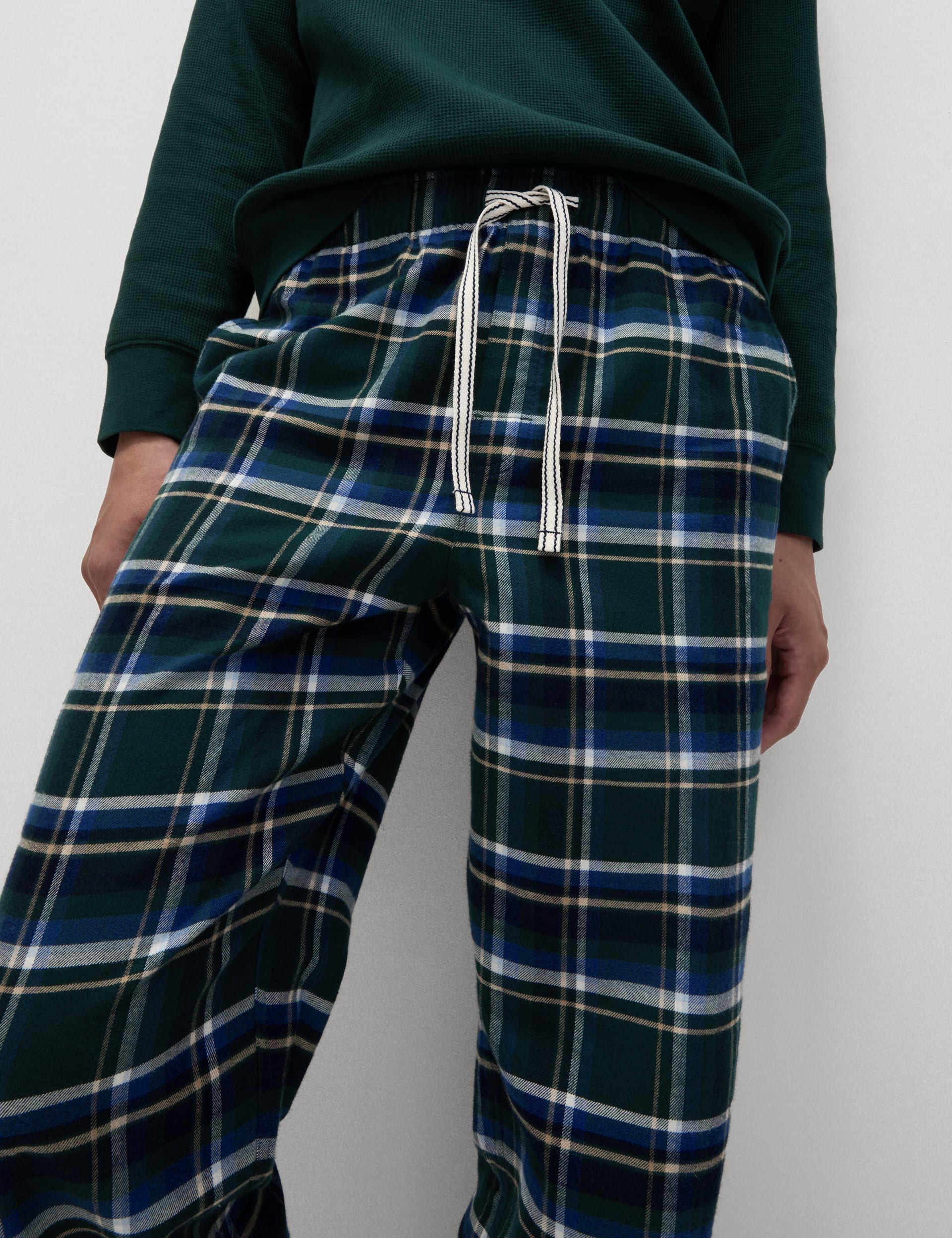 M&S Collection Men's Pure Cotton Checked Loungewear Bottoms - XL - Green Mix, Green Mix