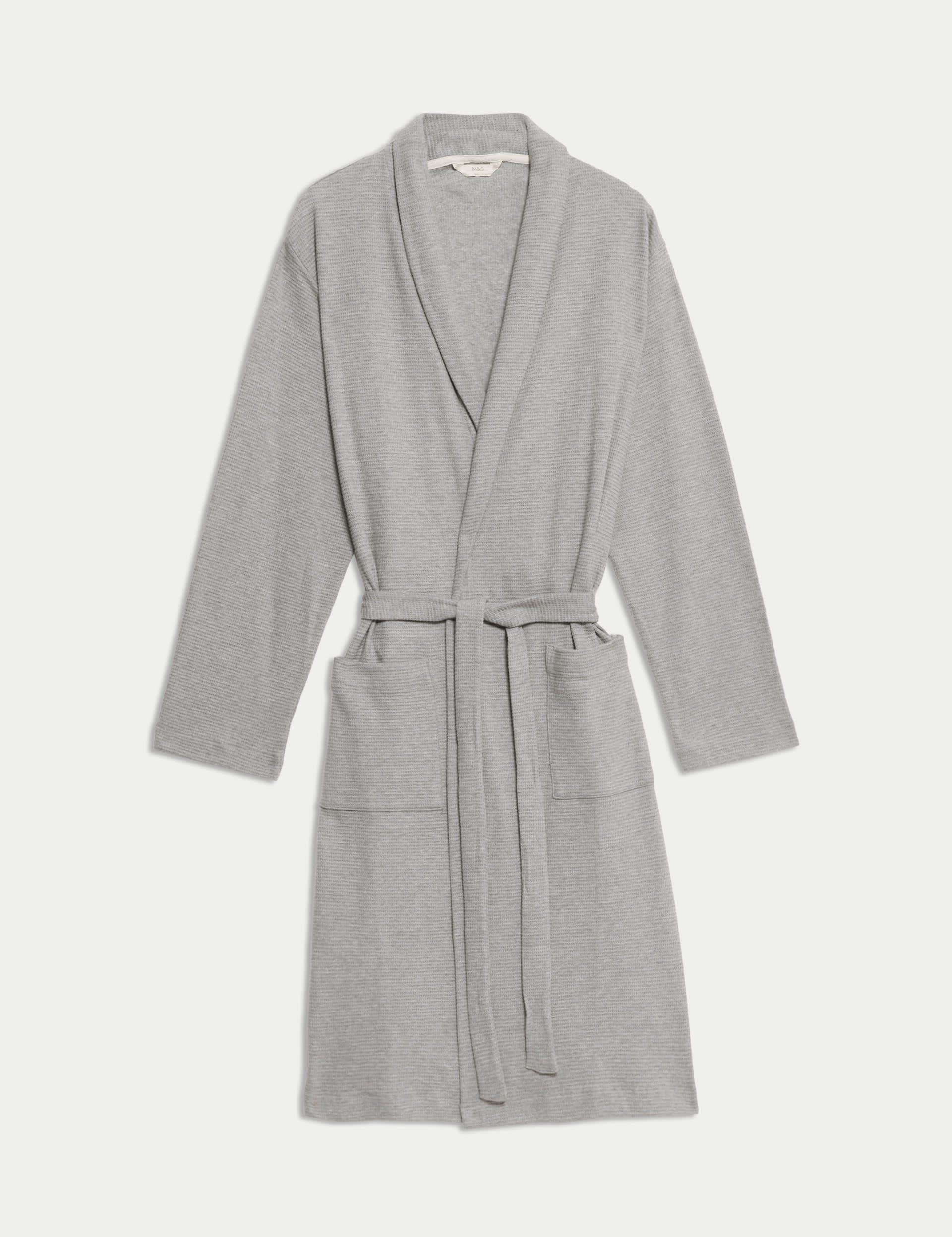 M&S Collection Men's Pure Cotton Waffle Lightweight Dressing Gown - Grey Mix, Grey Mix,Black