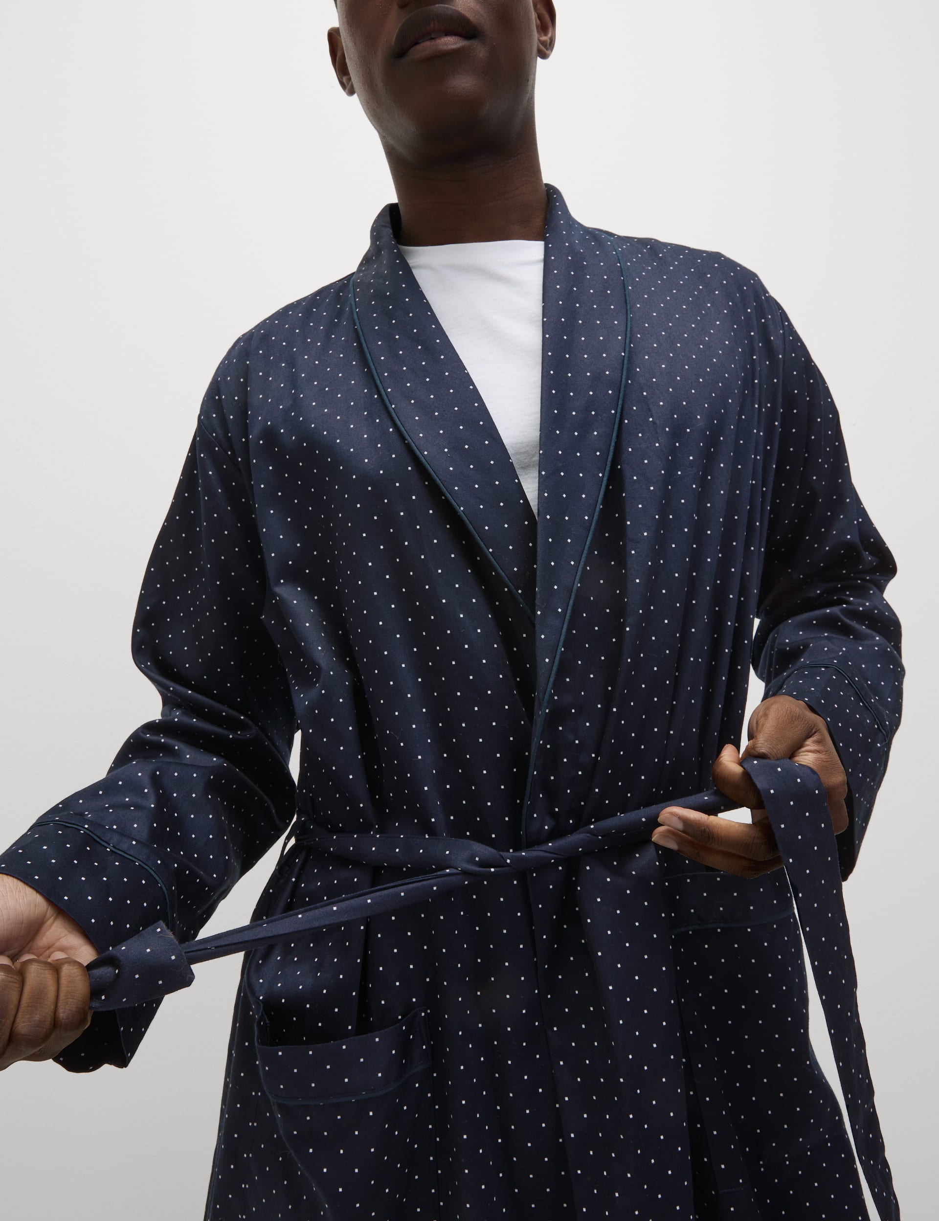 M&S Collection Men's Pure Cotton Polka Dot Dressing Gown - Navy Mix, Navy Mix