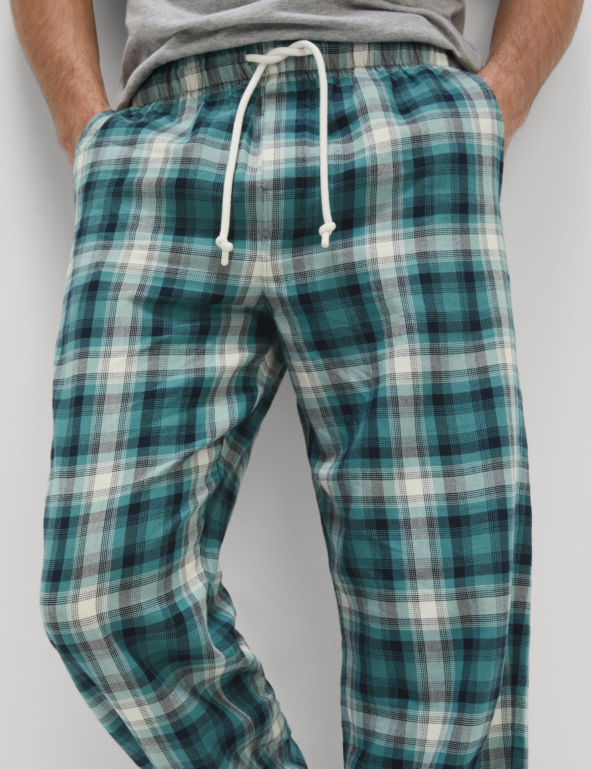 M&S Collection Men's Pure Cotton Checked Loungewear Bottoms - Teal Mix, Teal Mix