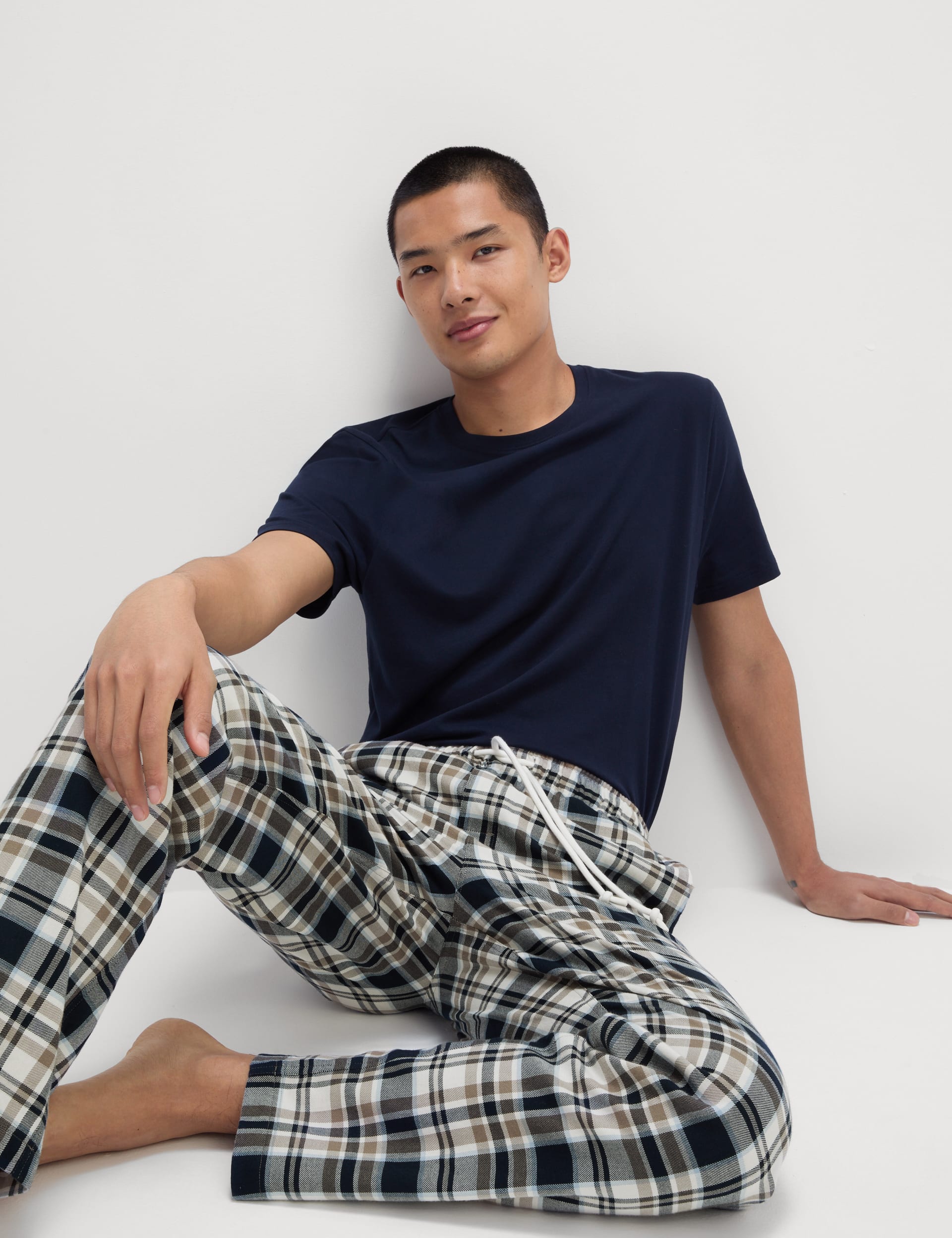 M&S Collection Men's Pure Cotton Checked Loungewear Bottoms - Ecru Mix, Ecru Mix