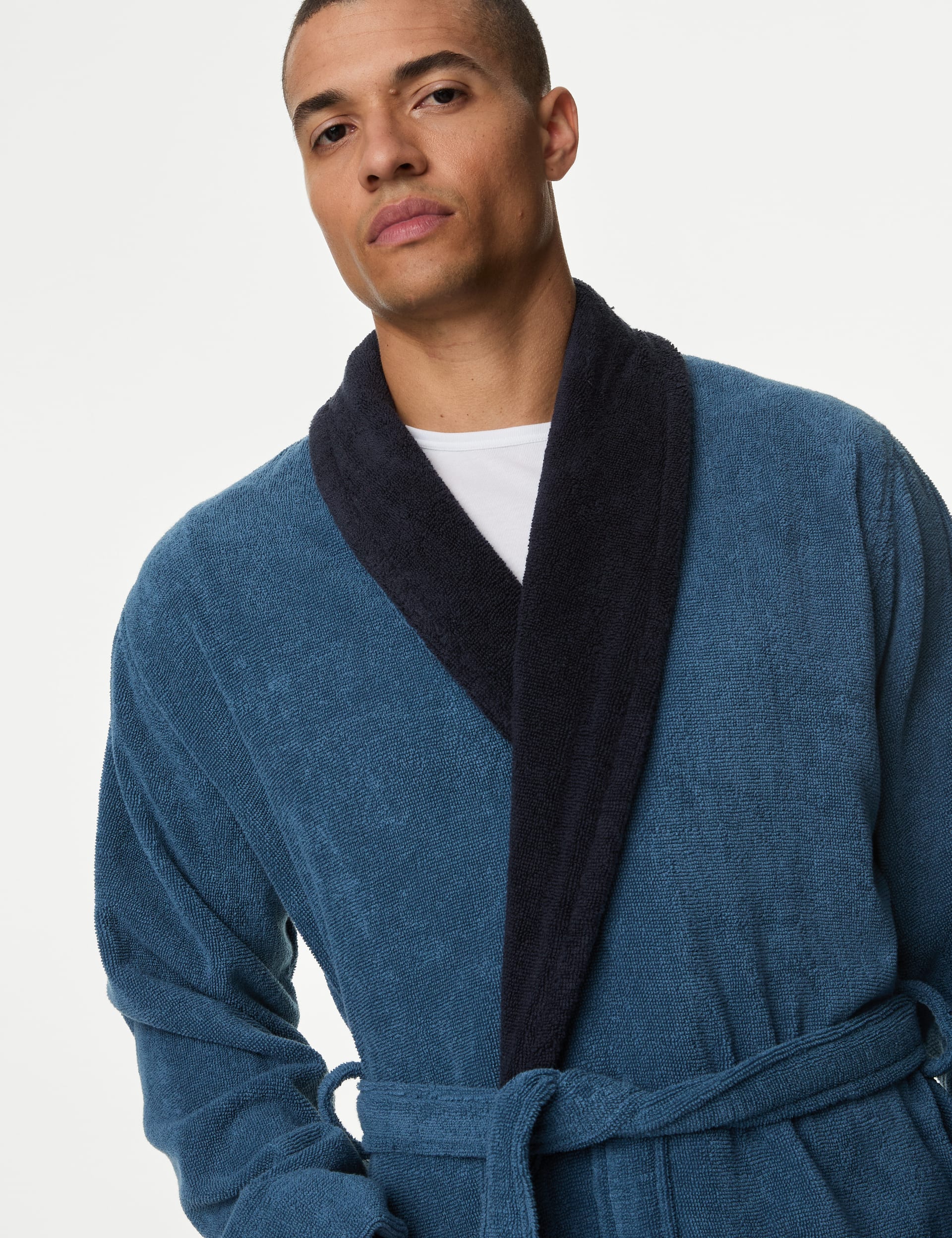 M&S Collection Men's Pure Cotton Towelling Dressing Gown - M - Blue Mix, White,Blue Mix