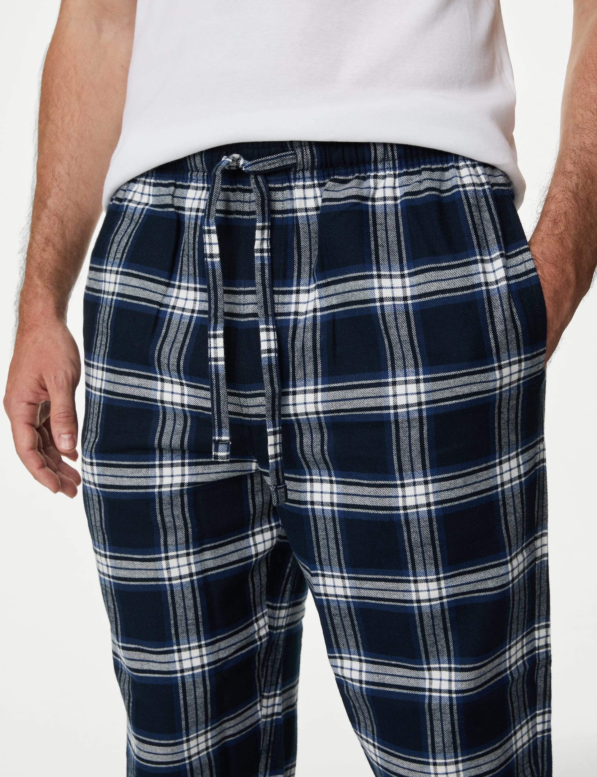 M&S Collection Men's 2 Pack Pure Cotton Checked Pyjama Bottoms - L - Navy Mix, Navy Mix