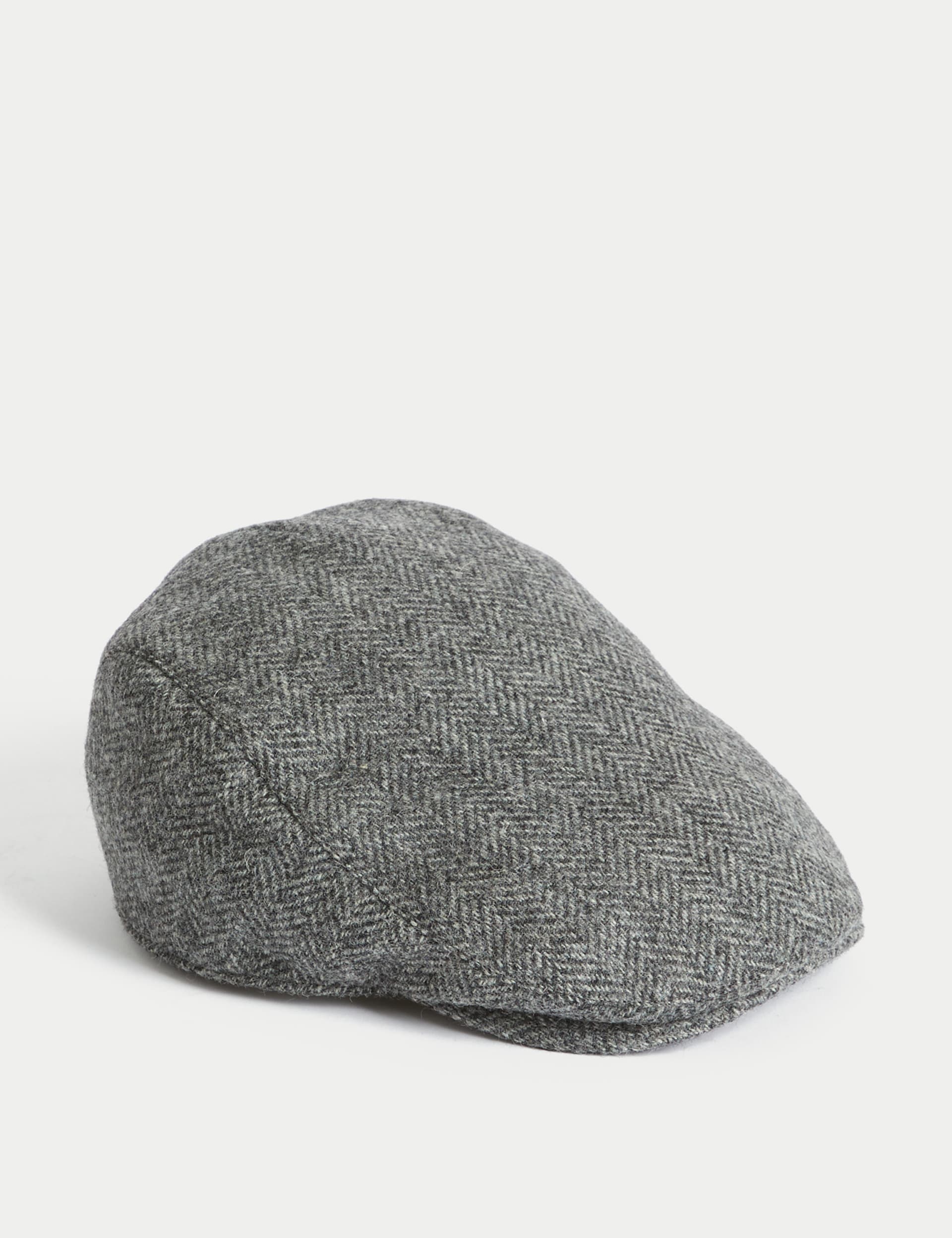 M&S Collection Men's Pure Wool Herringbone Flat Cap with Stormwear™ - L-XL - Grey Mix, Grey Mix,Green Mix