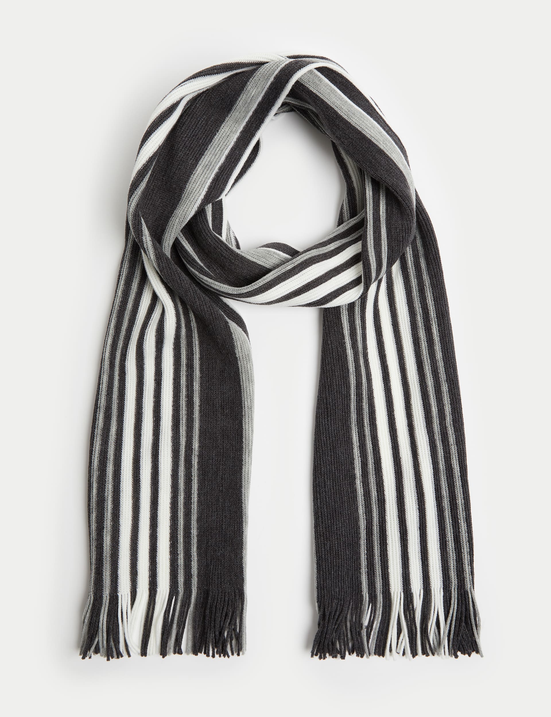 M&S Collection Men's Striped Knitted Scarf - one size - Grey Mix, Multi,Grey Mix